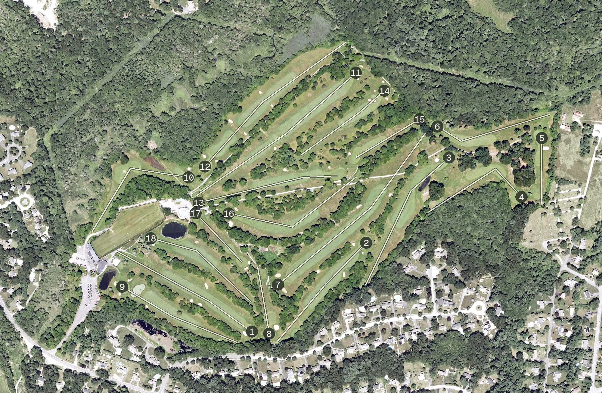 Aerial view of Green Harbor Golf Club, MA, with its hole routing marked