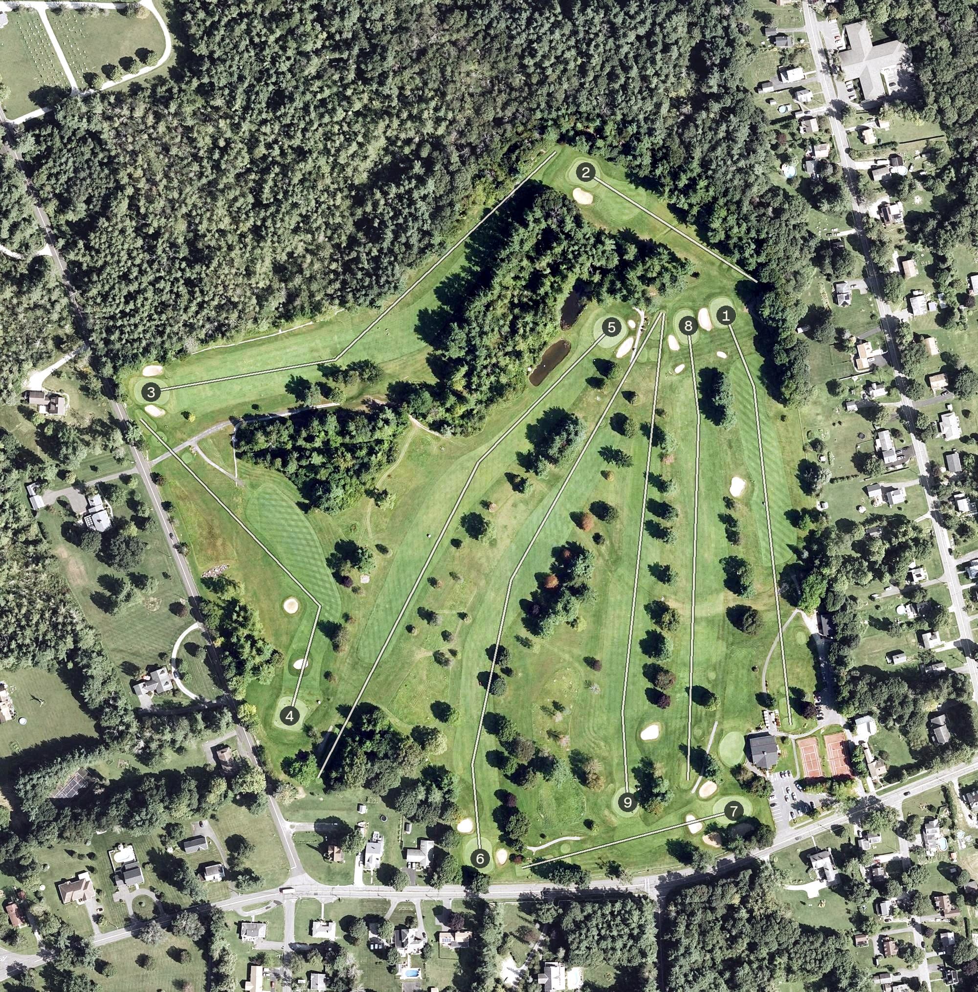 Aerial view of Greenock Country Club, MA, with its hole routing marked