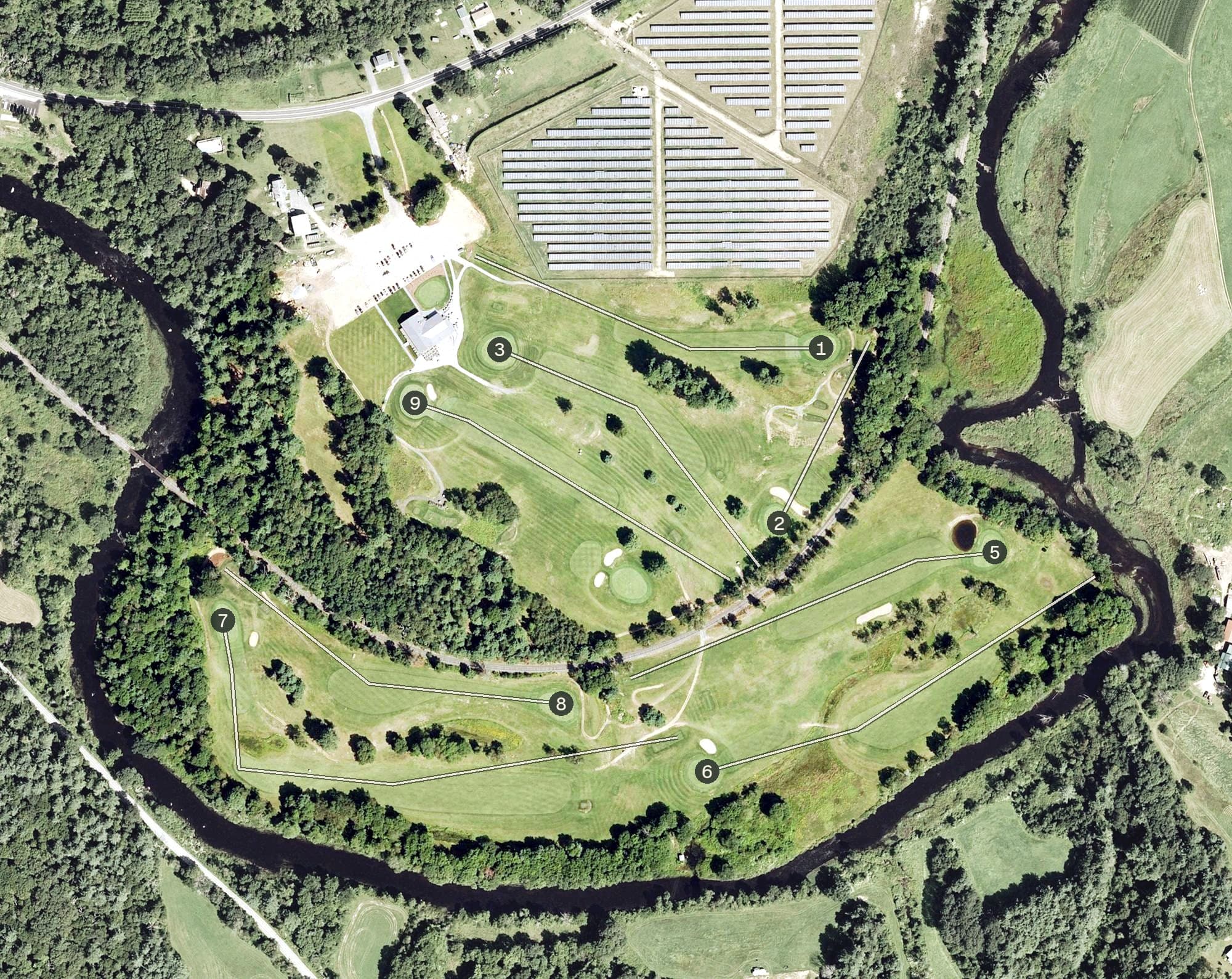 Aerial view of Hardwick Crossing Country Club, MA, with its hole routing marked