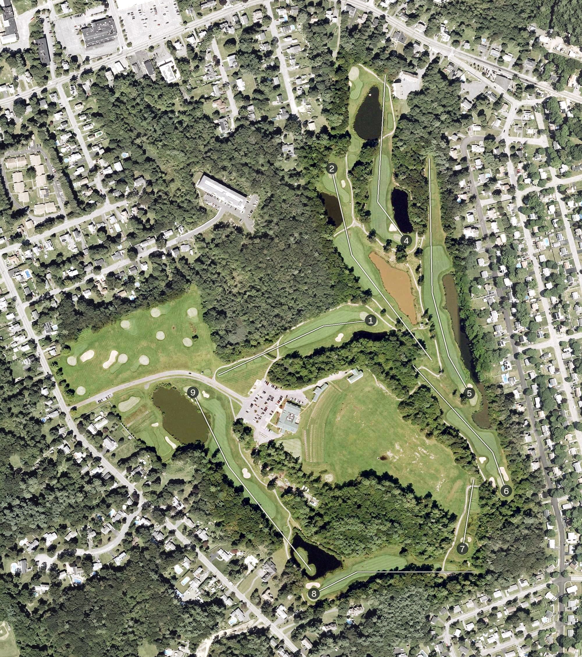 Aerial view of Harmon Golf and Fitness Club, MA, with its hole routing marked