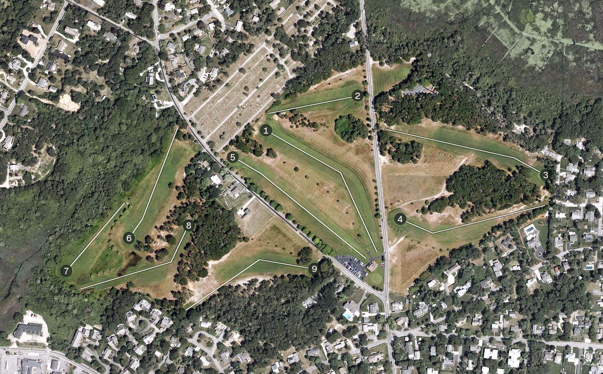 Aerial view of Harwich Port Golf Club, MA, with its hole routing marked
