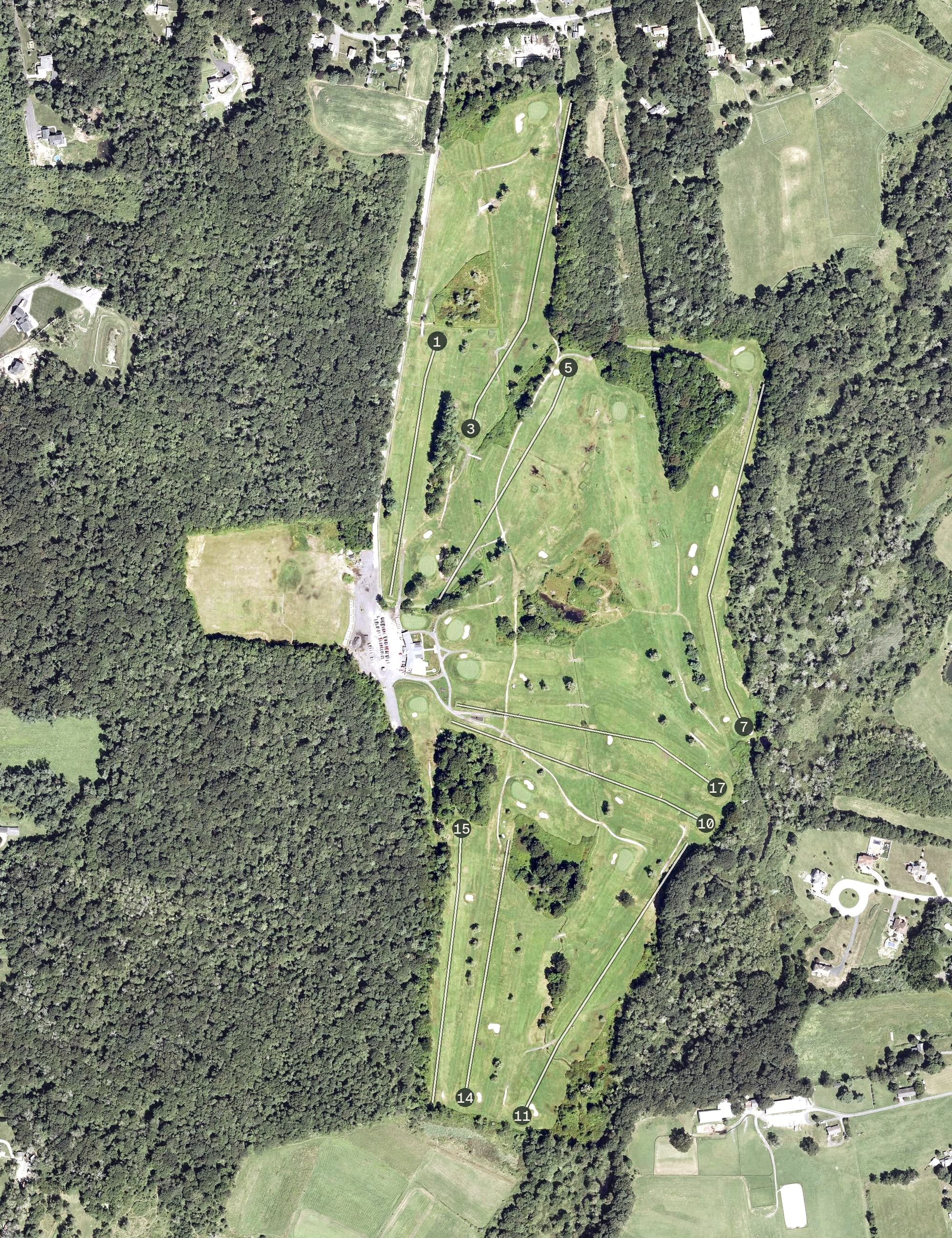 Aerial view of Hazelton Golf Club, MA, with its hole routing marked