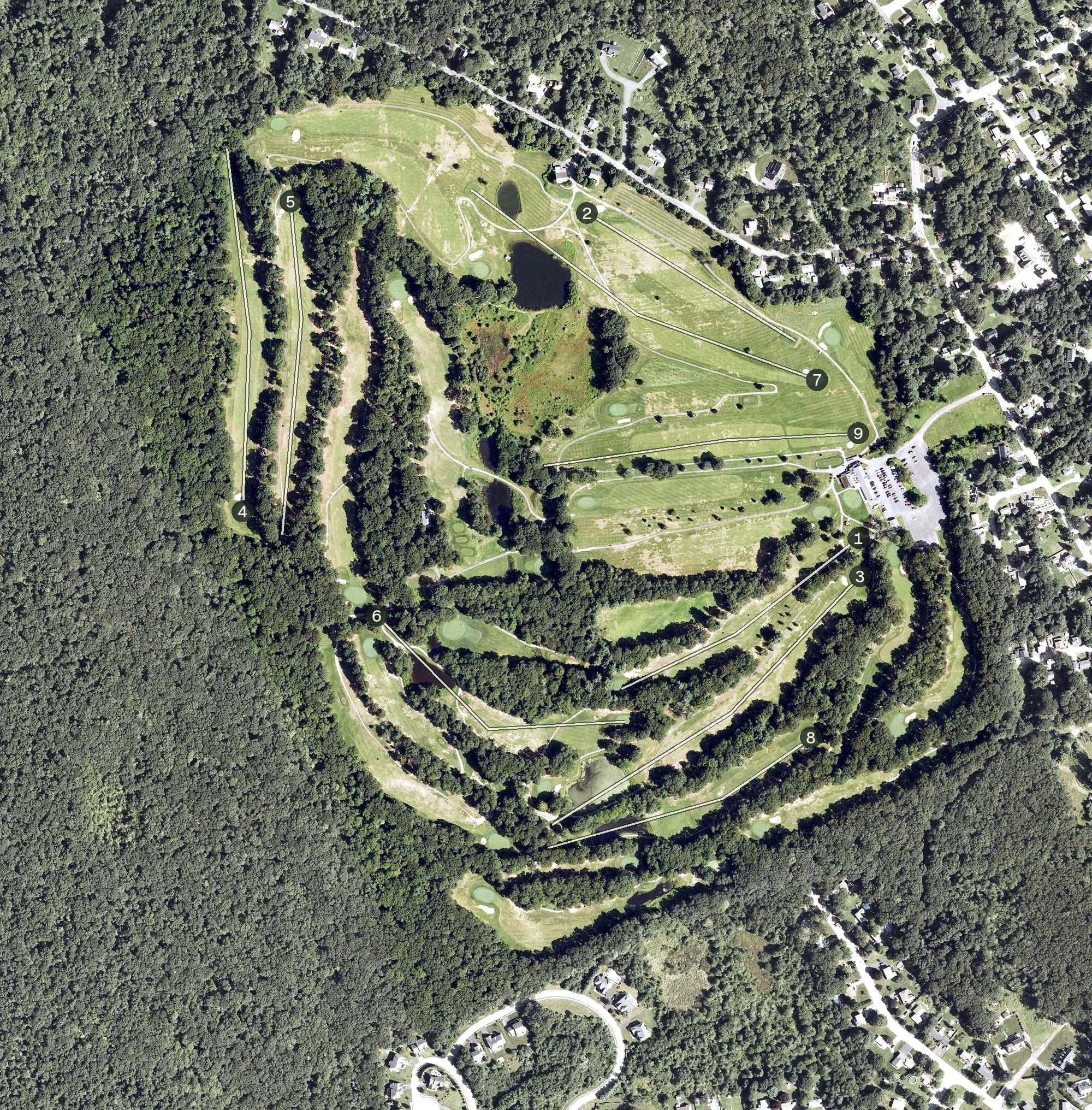Aerial view of Heather Hill Country Club, MA, with its hole routing marked