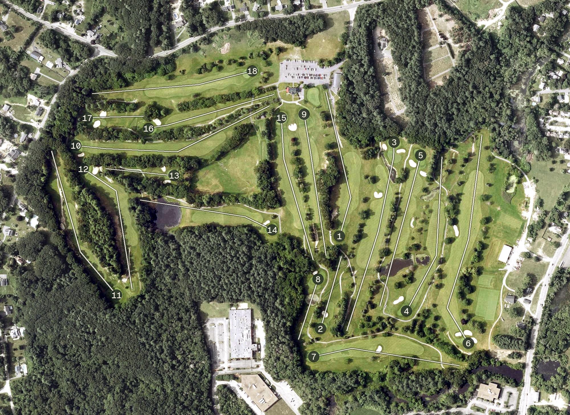 Aerial view of Hickory Hill Golf Course, MA, with its hole routing marked