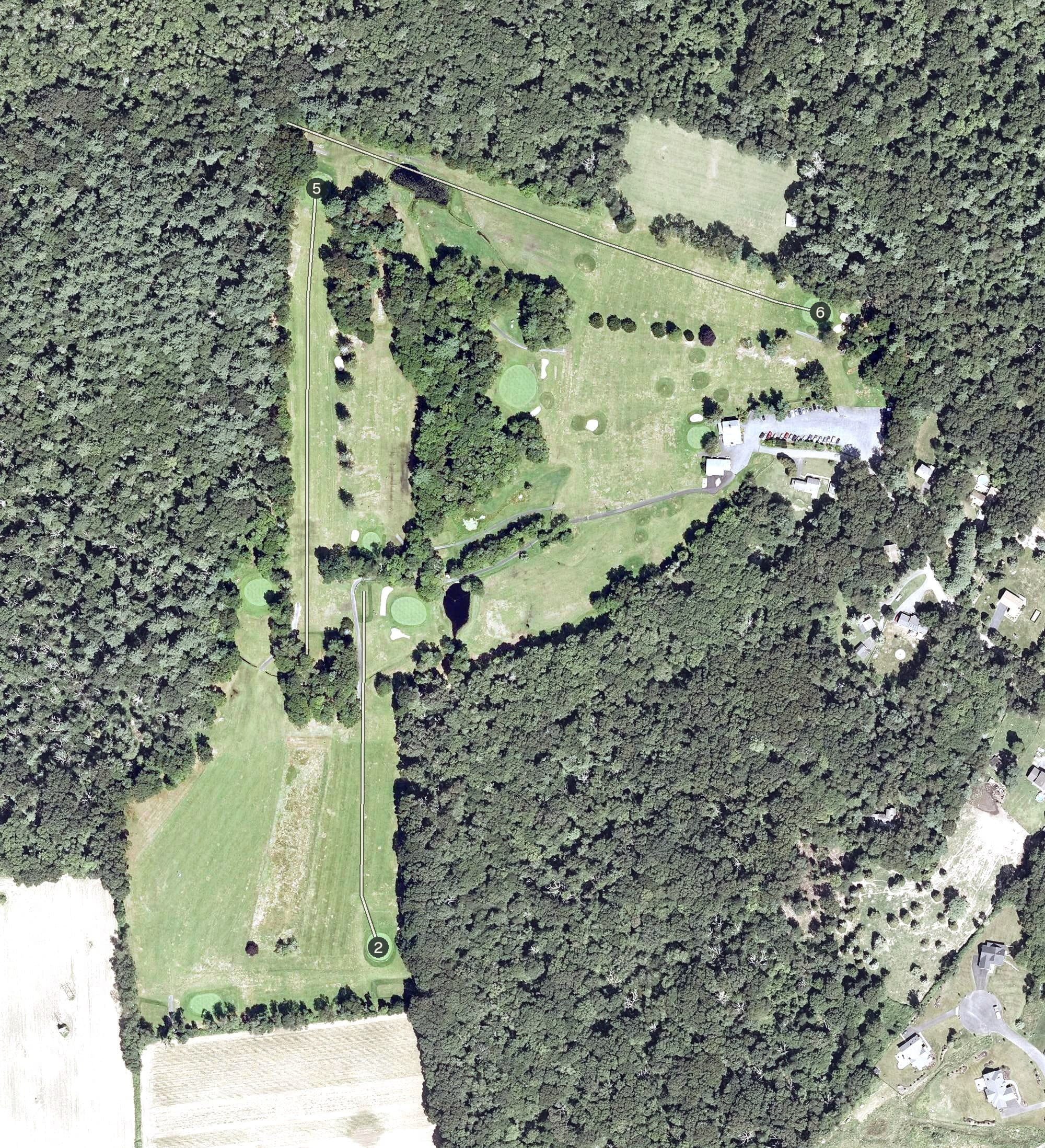 Aerial view of Hidden Hollow Country Club, MA, with its hole routing marked