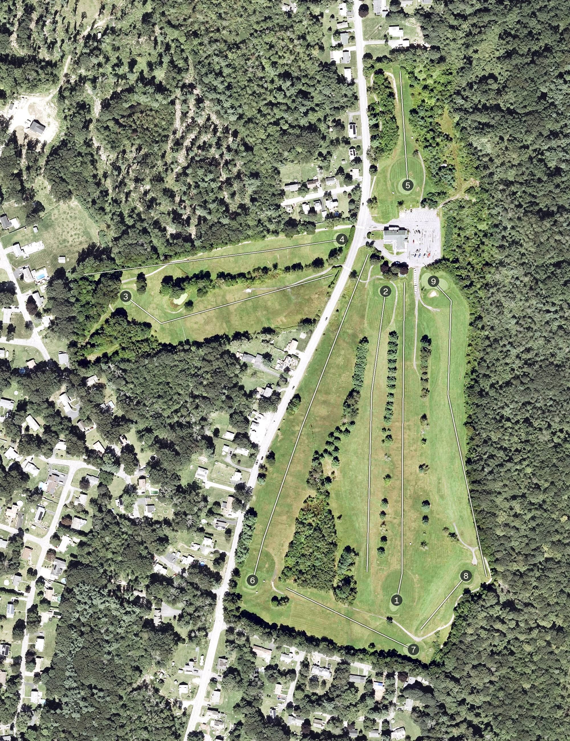 Aerial view of Hillcrest Country Club, MA, with its hole routing marked