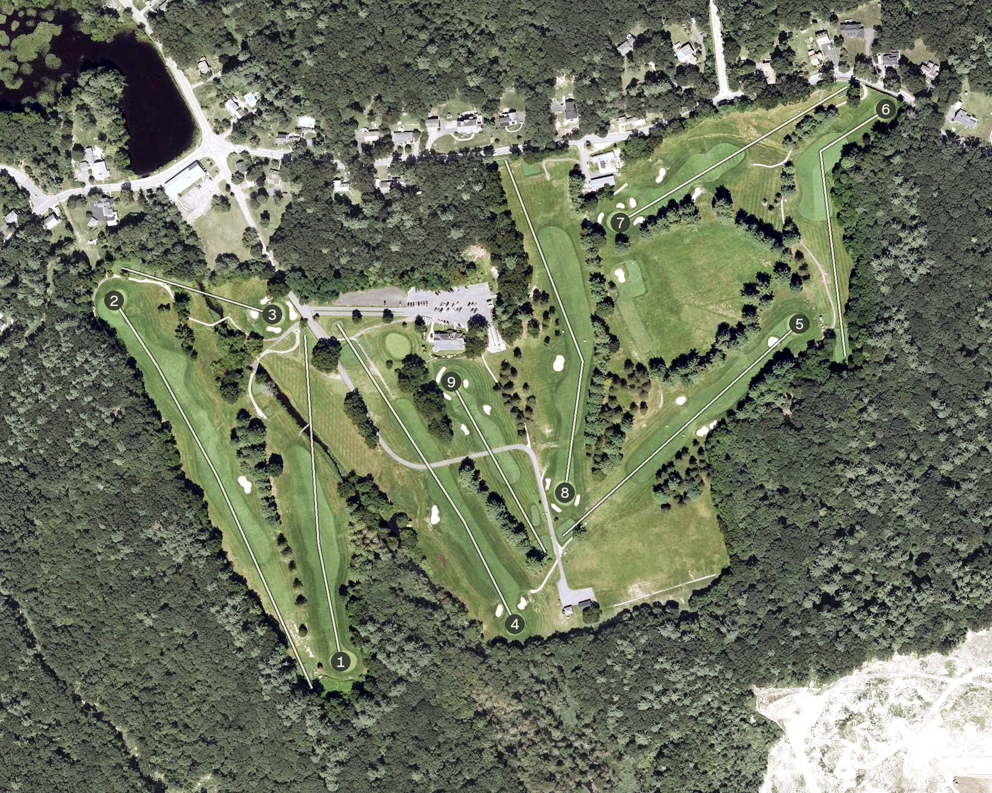 Aerial view of Hopedale Country Club, MA, with its hole routing marked