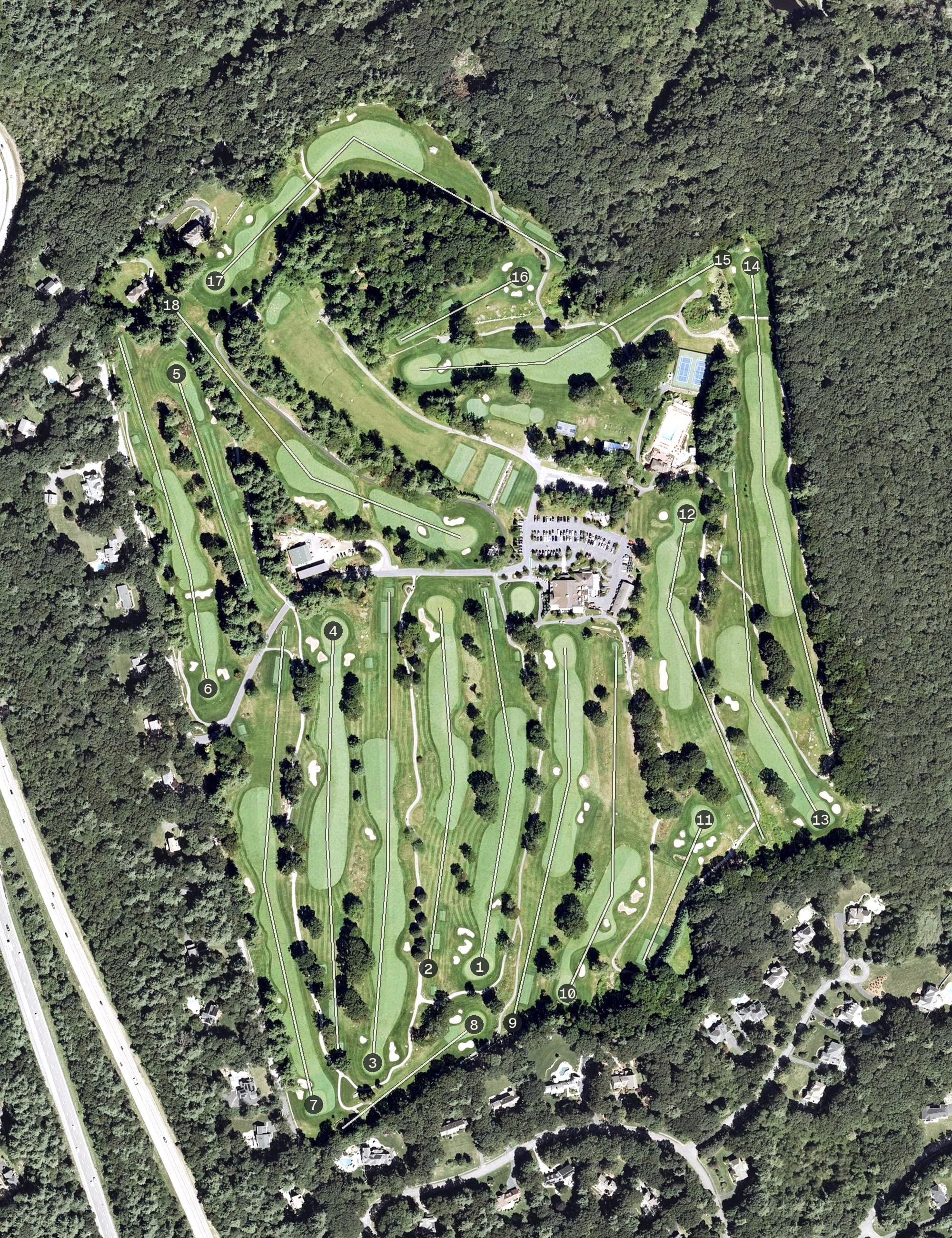 Aerial view of Hopkinton Country Club, MA, with its hole routing marked