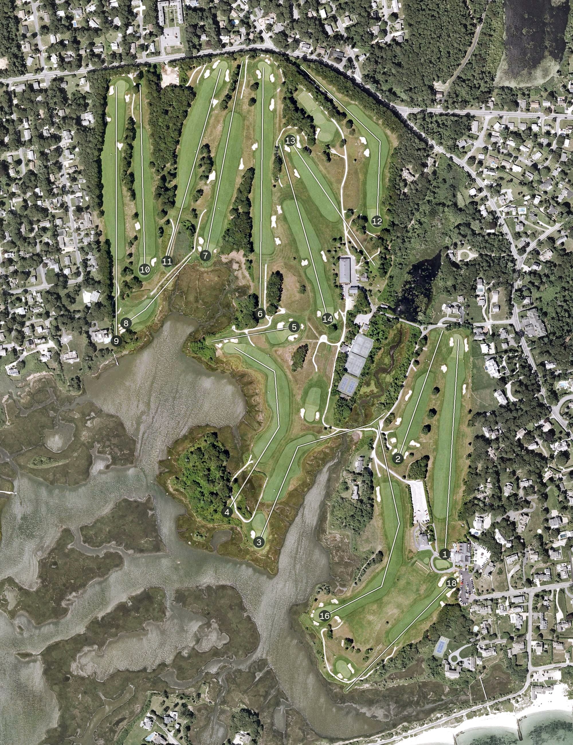 Aerial view of Hyannisport Club, MA, with its hole routing marked