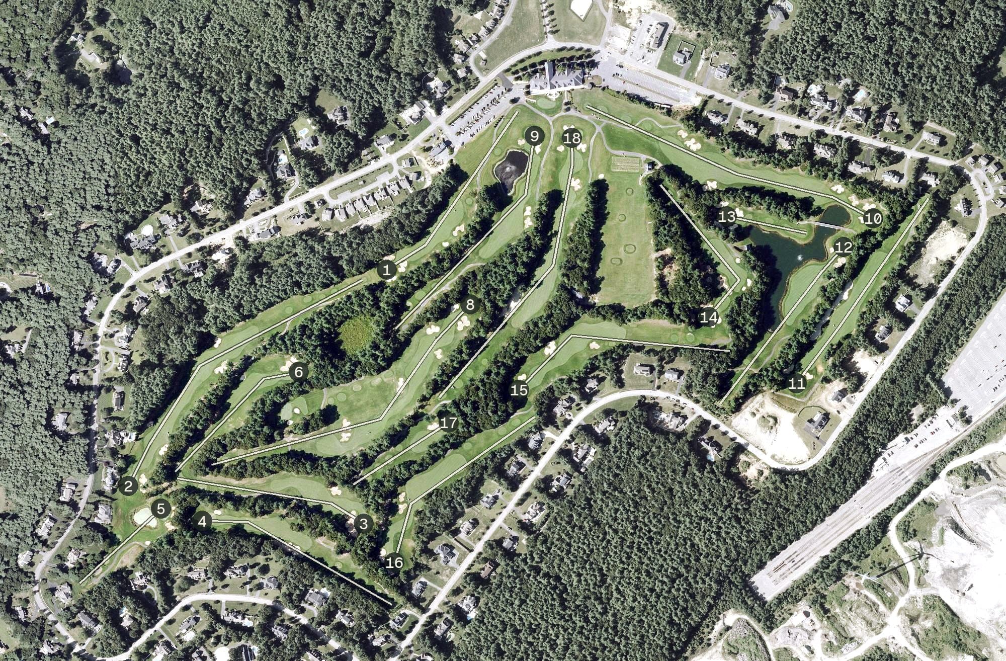 Aerial view of Indian Pond Country Club, MA, with its hole routing marked
