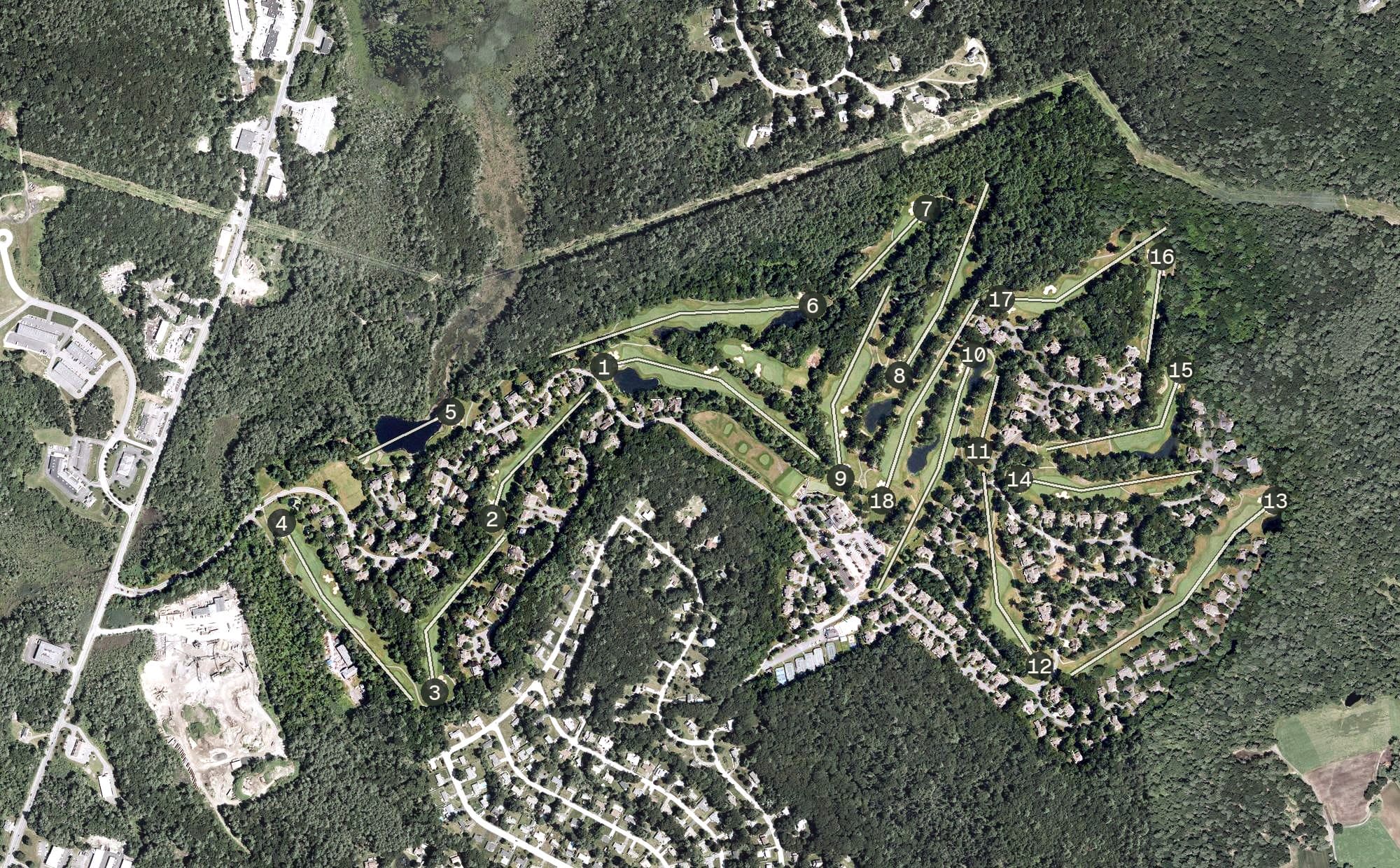 Aerial view of Ipswich Country Club, MA, with its hole routing marked