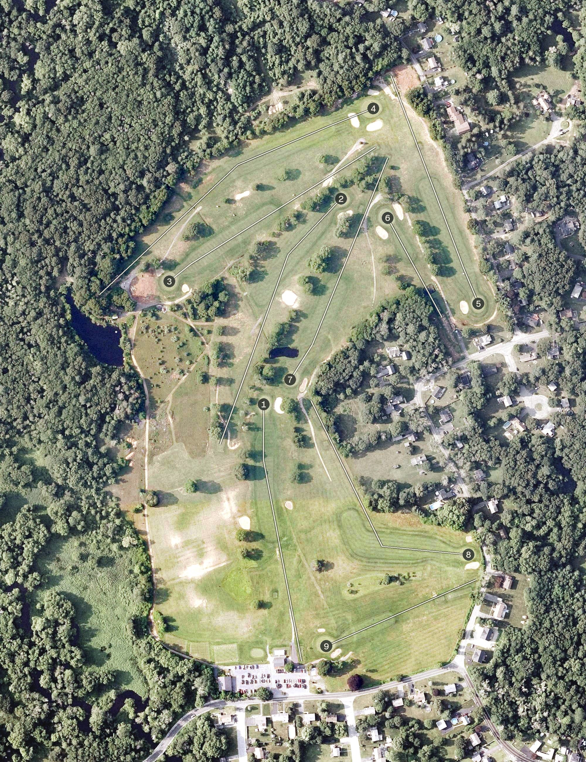 Aerial view of John F Parker Golf Course, MA, with its hole routing marked
