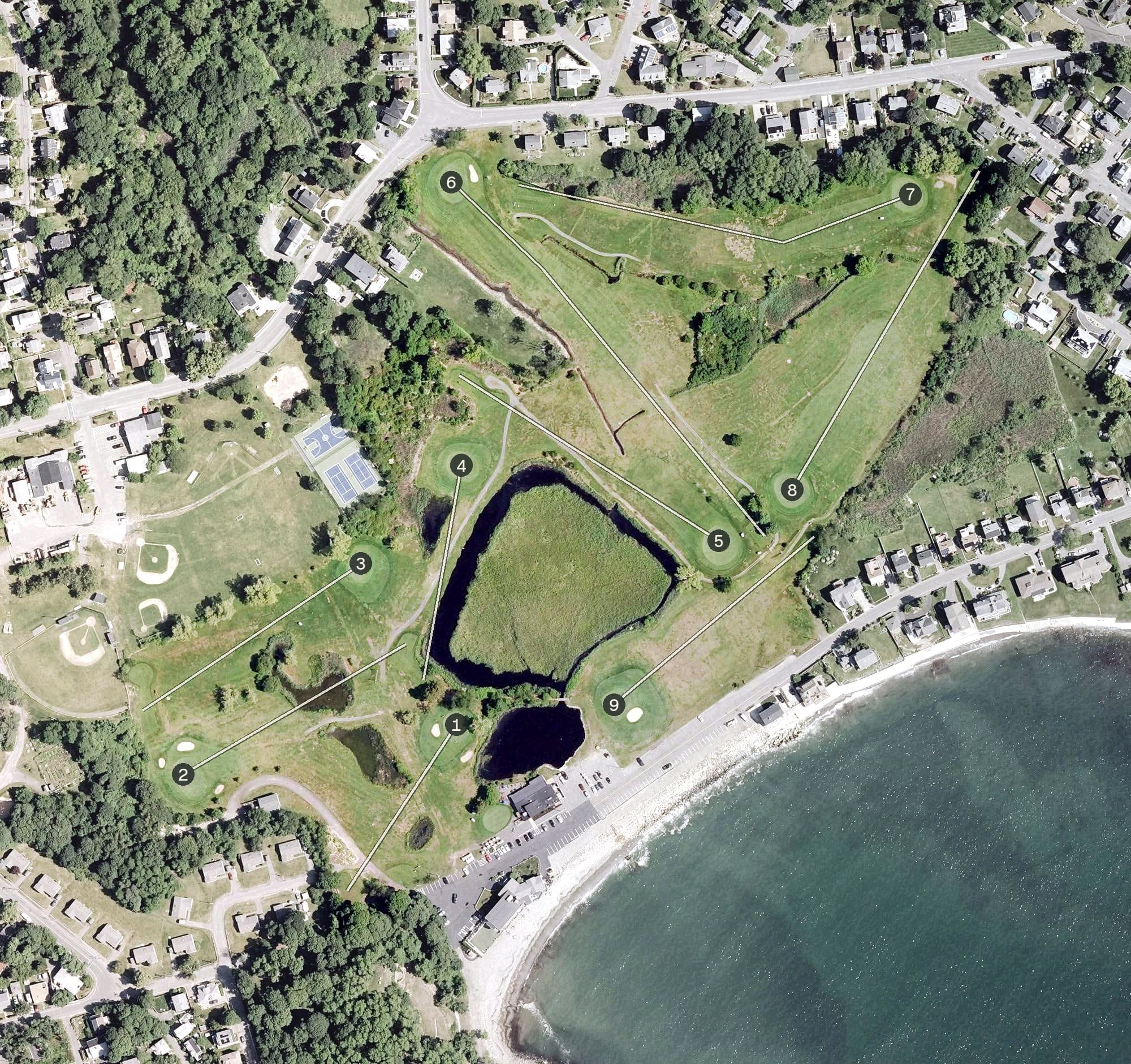 Aerial view of Kelly Greens Golf Course, MA, with its hole routing marked