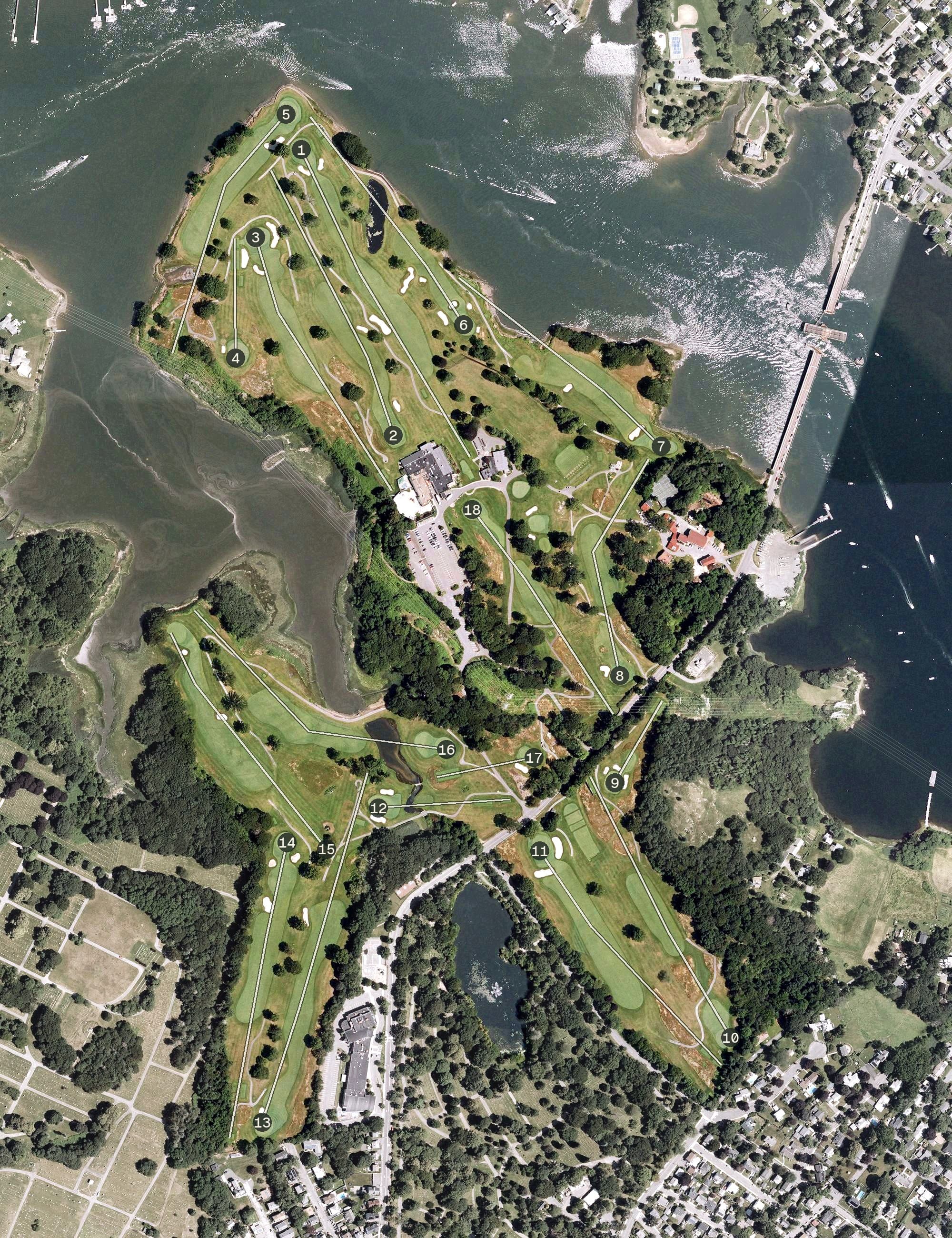 Aerial view of Kernwood Country Club, MA, with its hole routing marked
