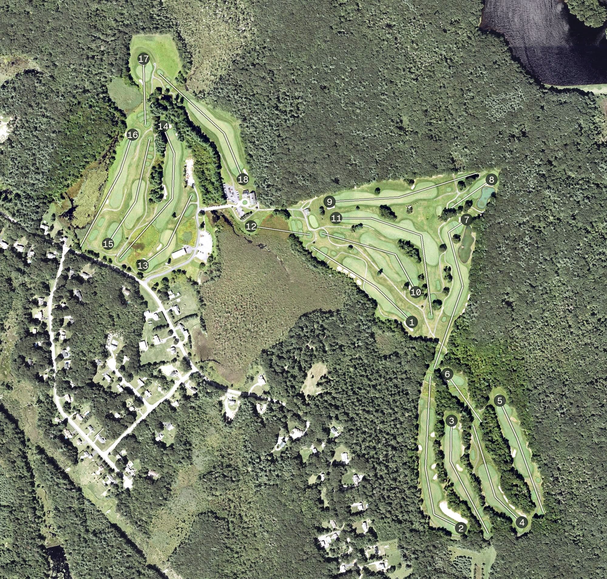 Aerial view of Kettle Brook Golf Club, MA, with its hole routing marked