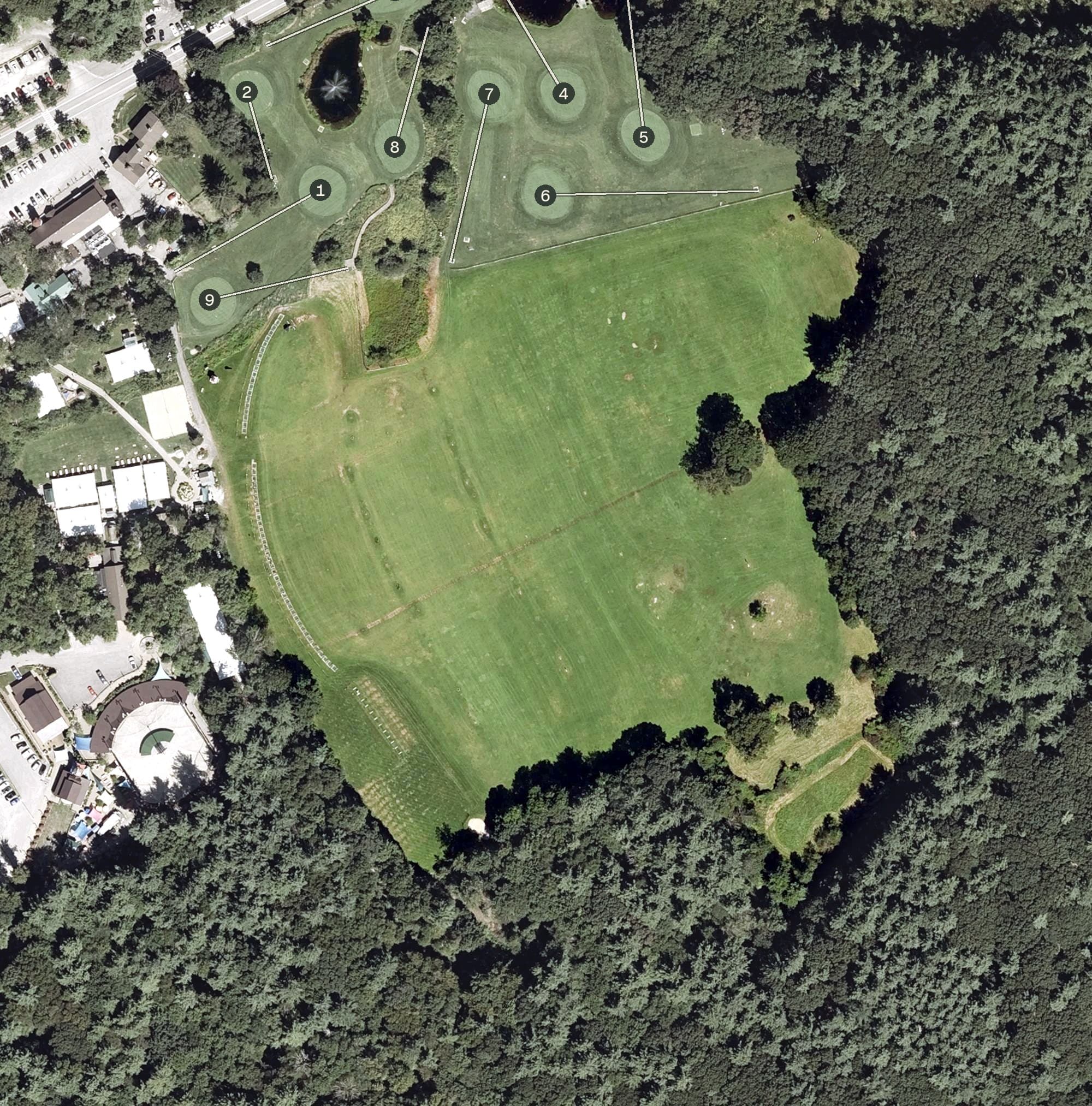 Aerial view of Kimball Farms Driving Range, MA, with its hole routing marked