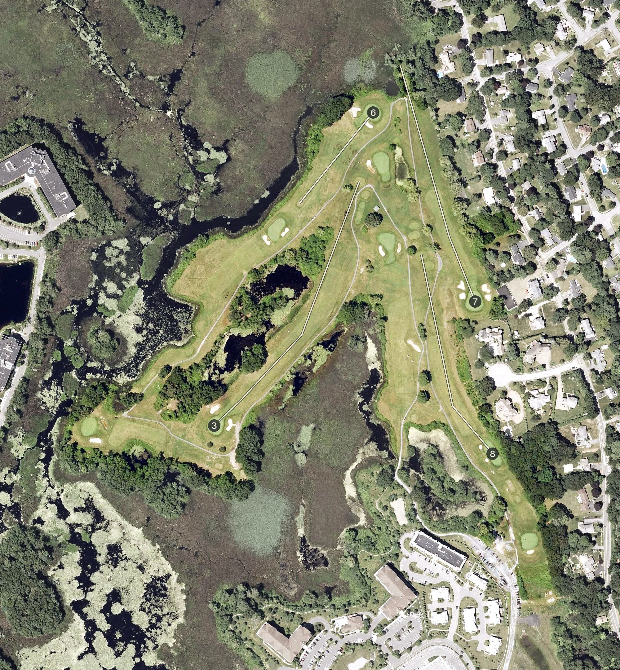 Aerial view of King Rail Golf Course, MA, with its hole routing marked