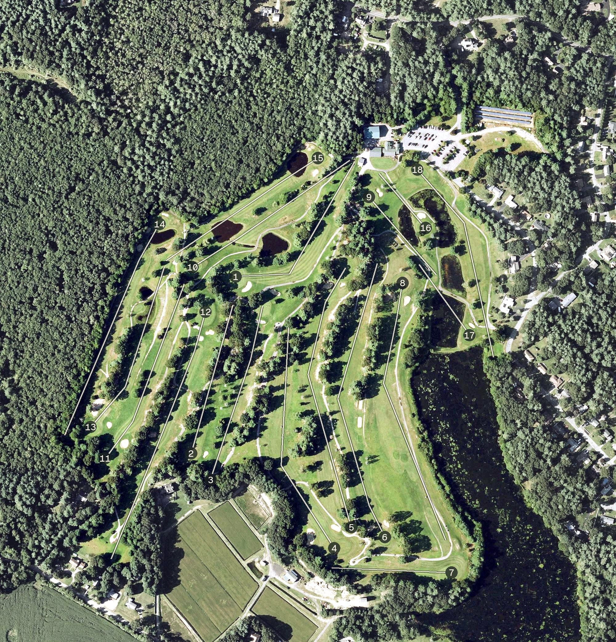 Aerial view of Lakeville Country Club, MA, with its hole routing marked
