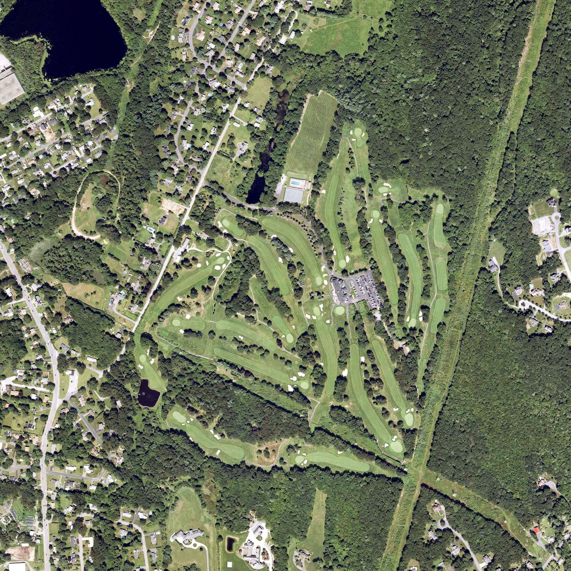 Aerial view of Ledgemont Country Club, MA, with its hole routing marked