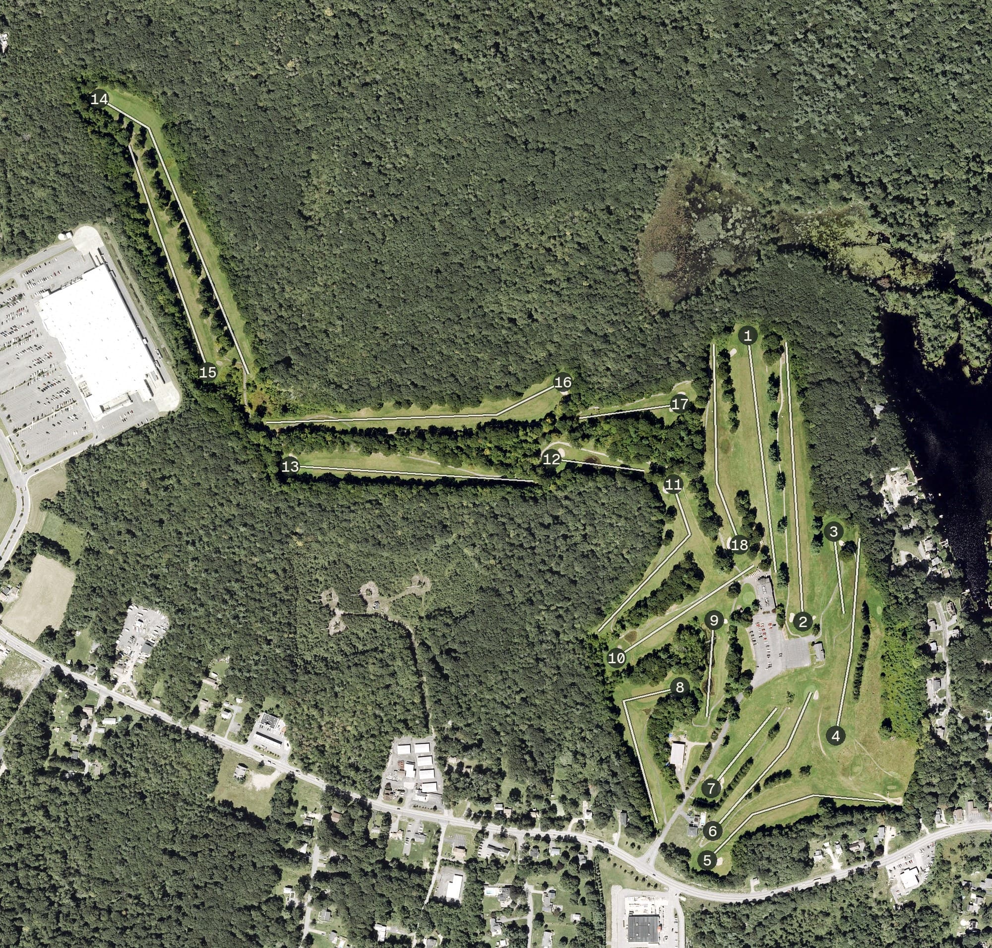 Aerial view of Leicester Country Club, MA, with its hole routing marked