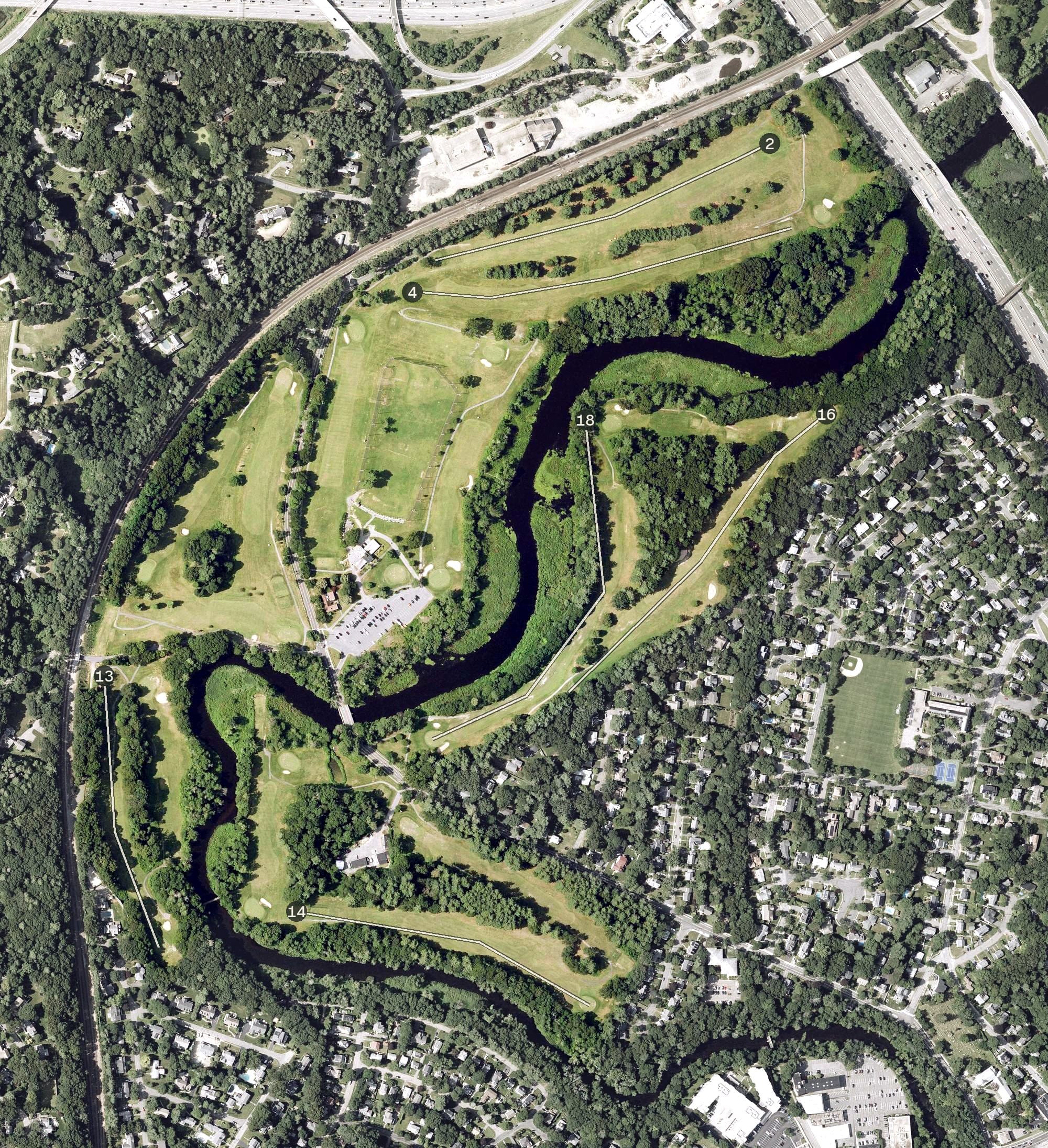 Aerial view of Leo Jerome Martin Memorial Golf Course, MA, with its hole routing marked