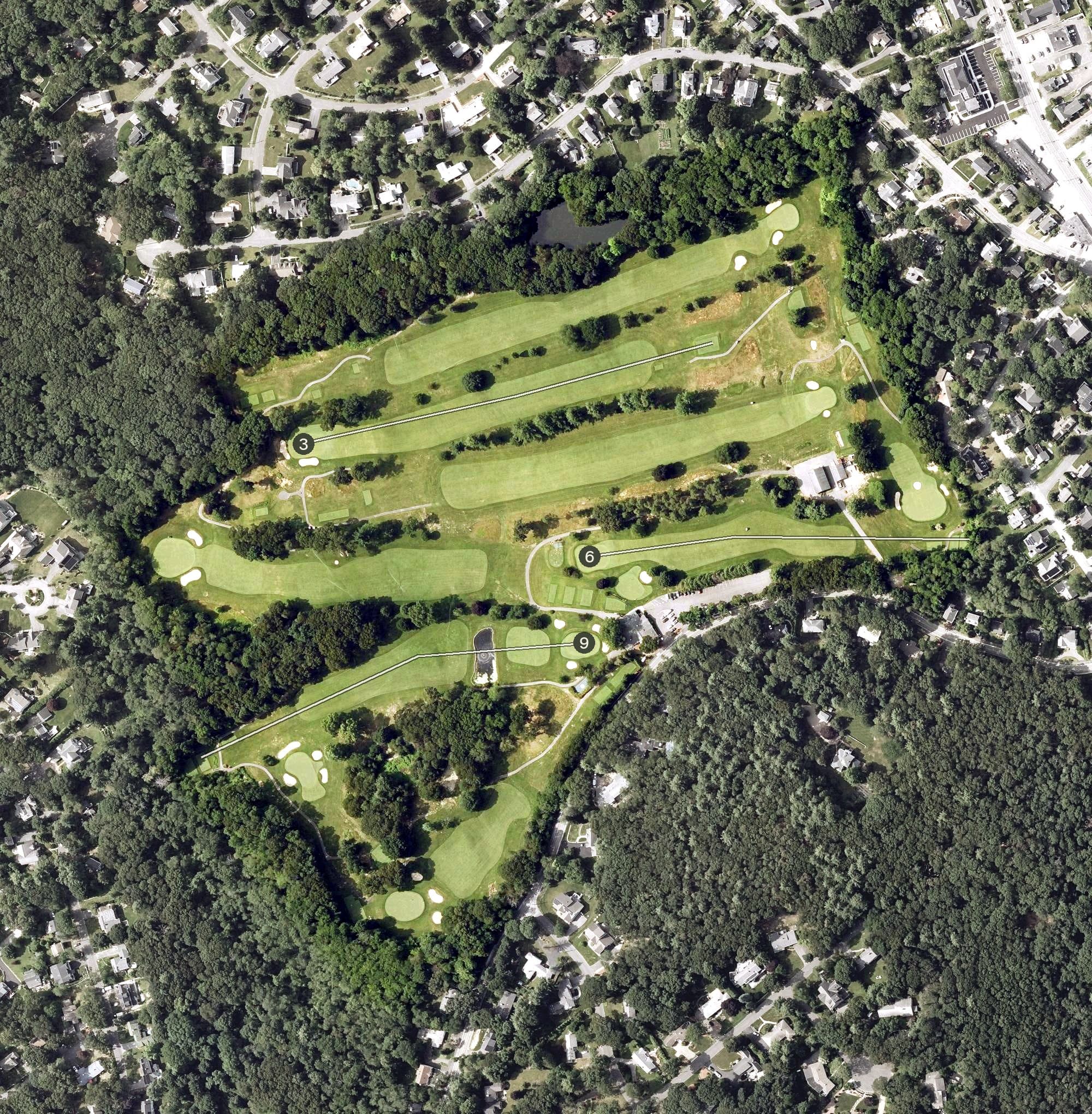 Aerial view of Lexington Golf Club, MA, with its hole routing marked