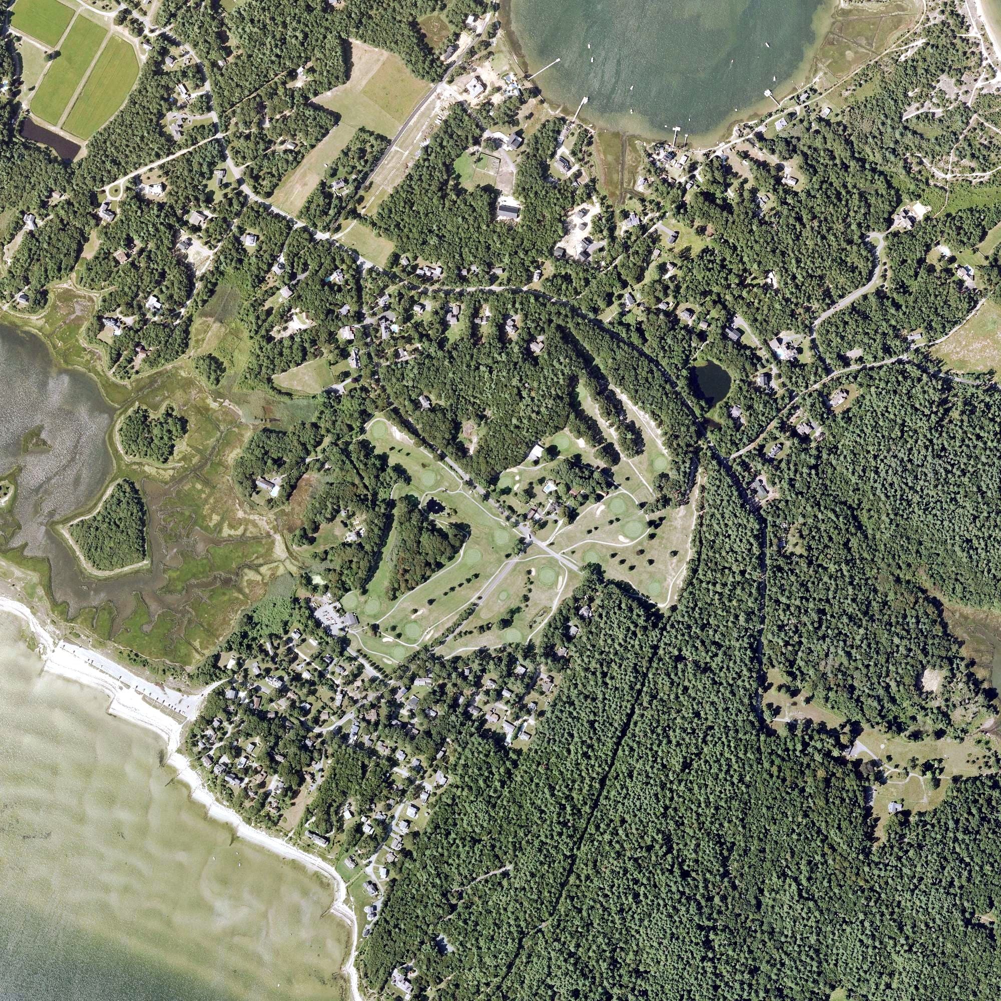 Aerial view of Little Harbor Country Club, MA, with its hole routing marked