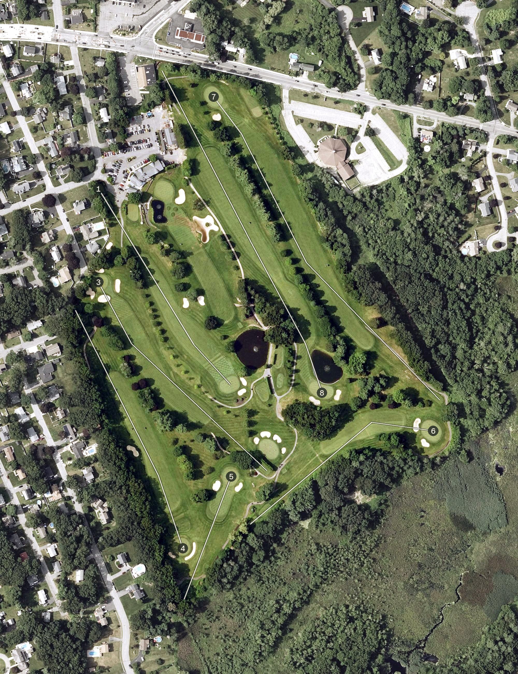 Aerial view of Long Meadow Golf Club, MA, with its hole routing marked