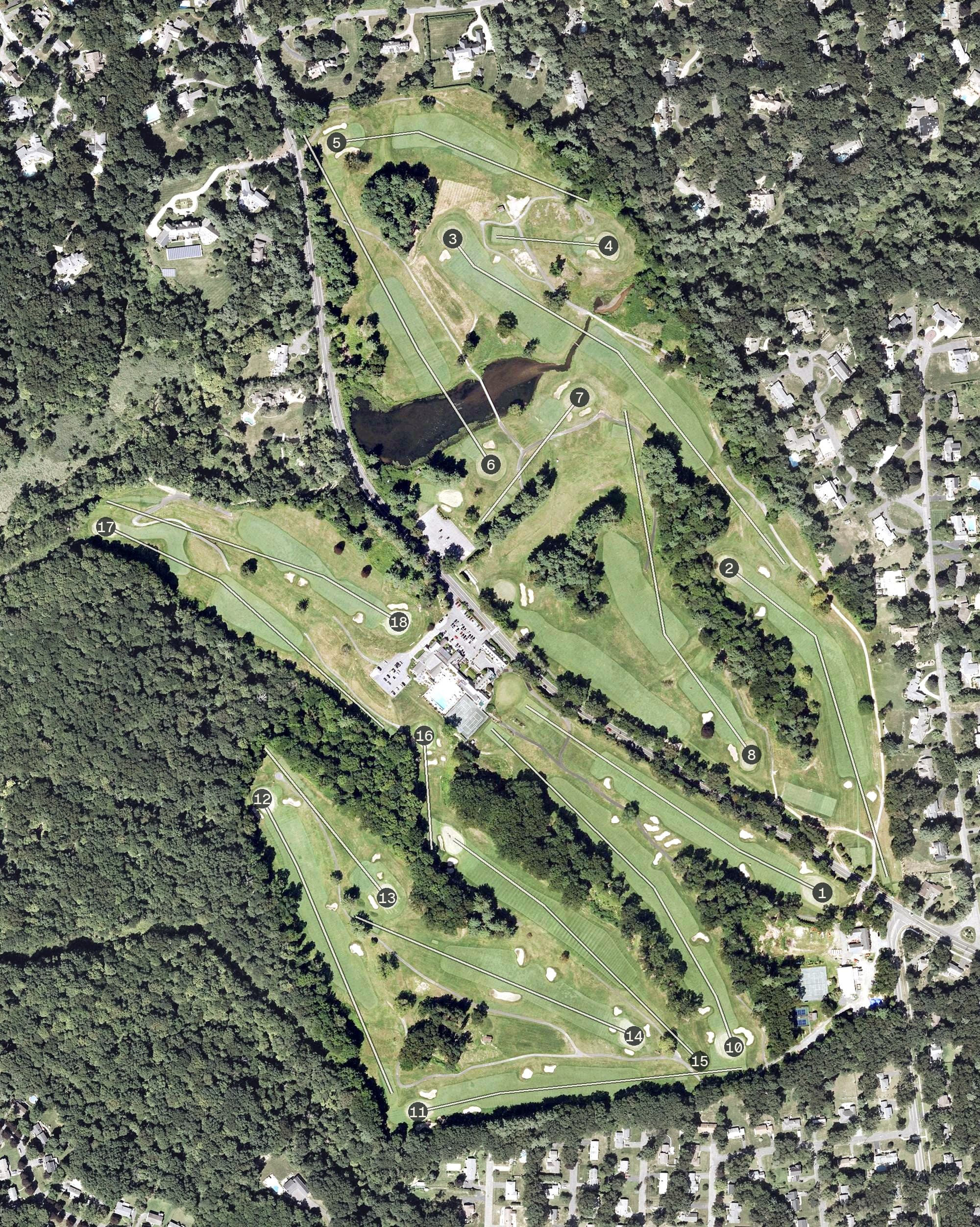 Aerial view of Longmeadow Country Club, MA, with its hole routing marked