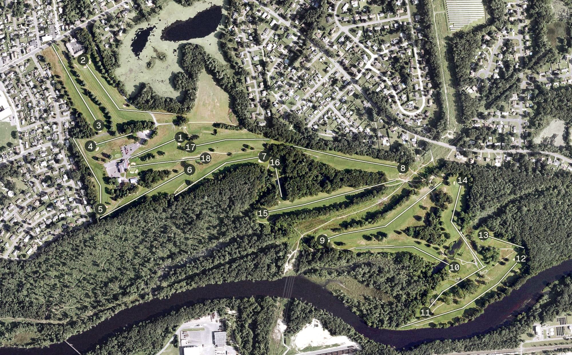 Aerial view of Ludlow Country Club, MA, with its hole routing marked