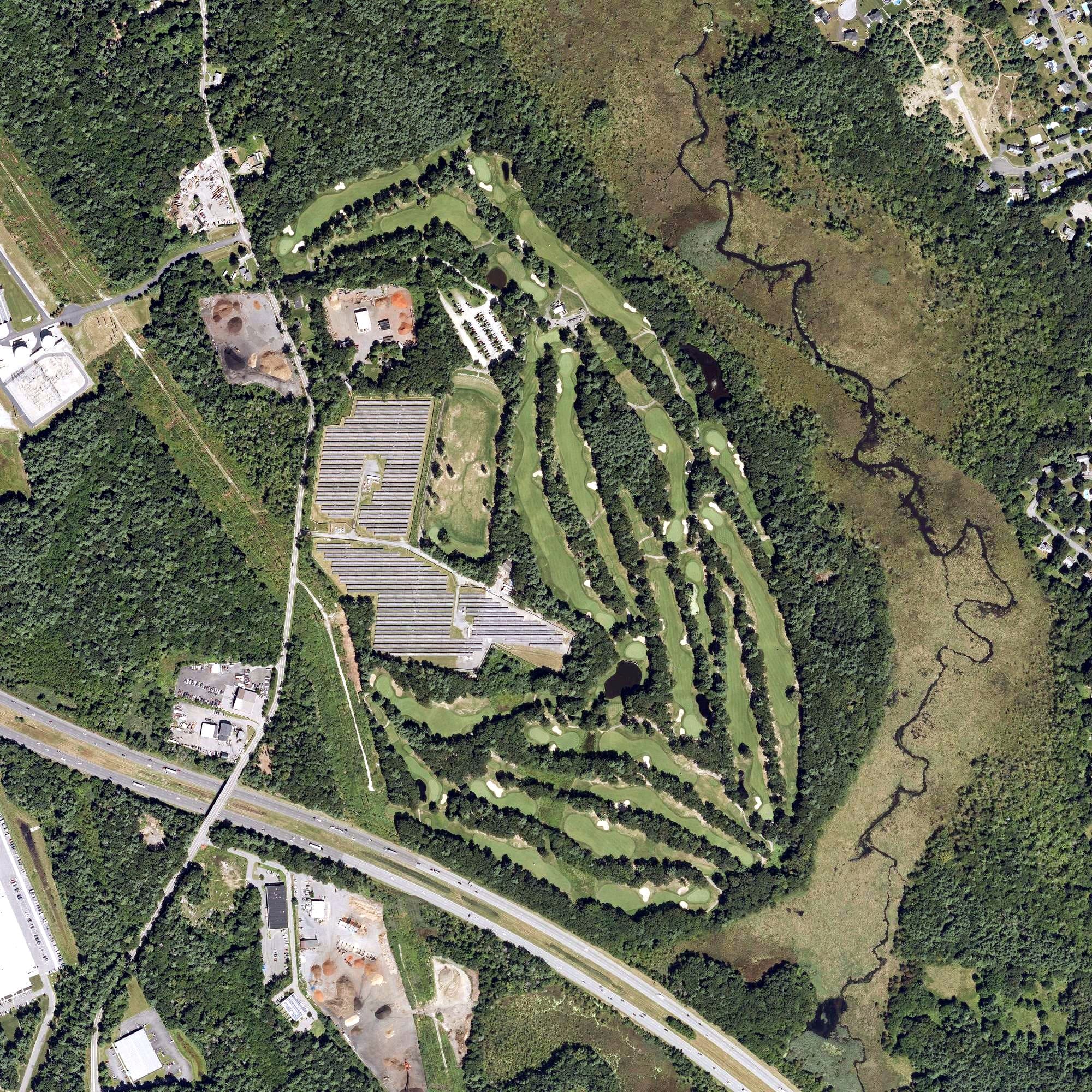 Aerial view of Maplegate Country Club, MA, with its hole routing marked