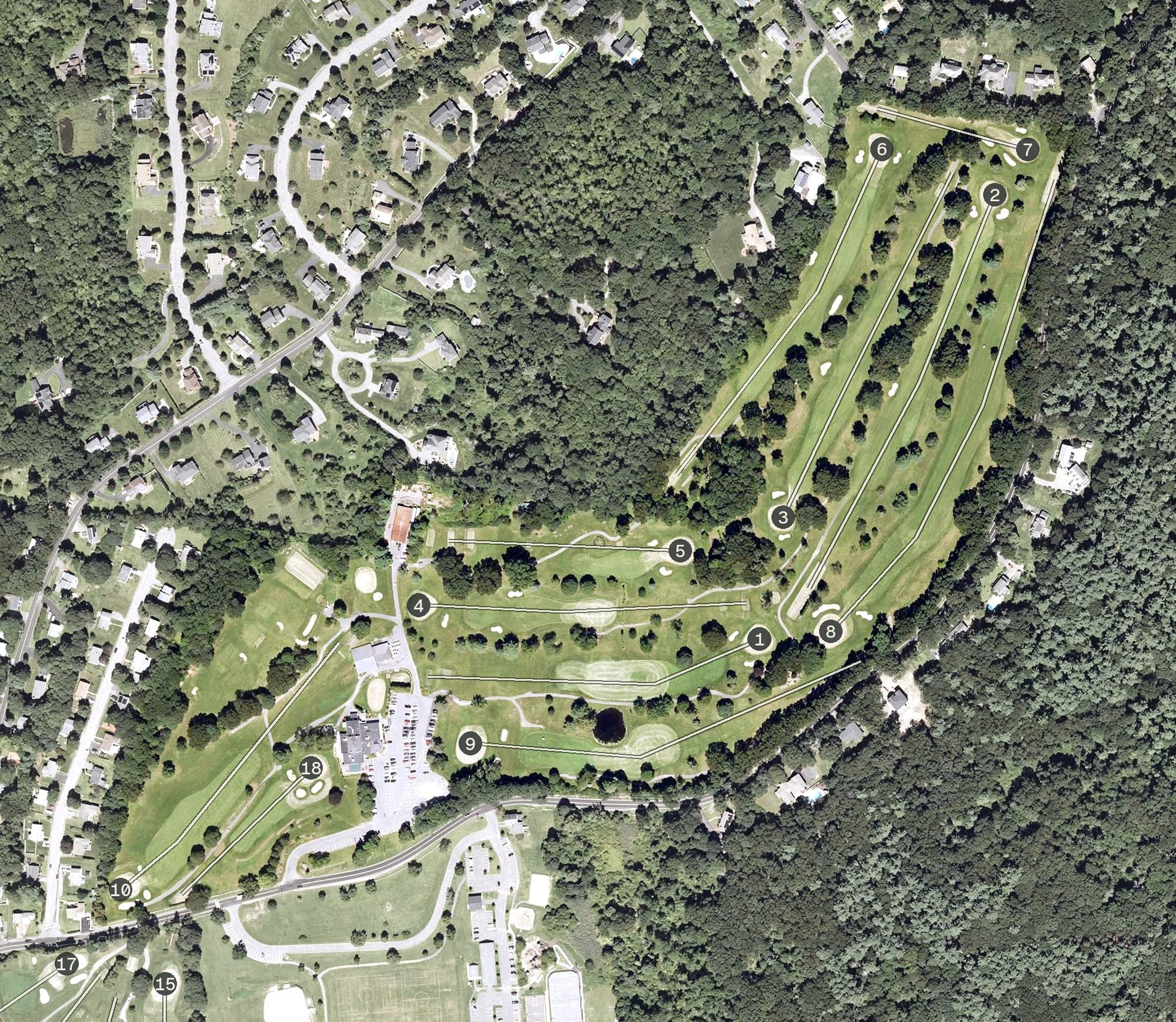 Aerial view of Marlborough Country Club, MA, with its hole routing marked