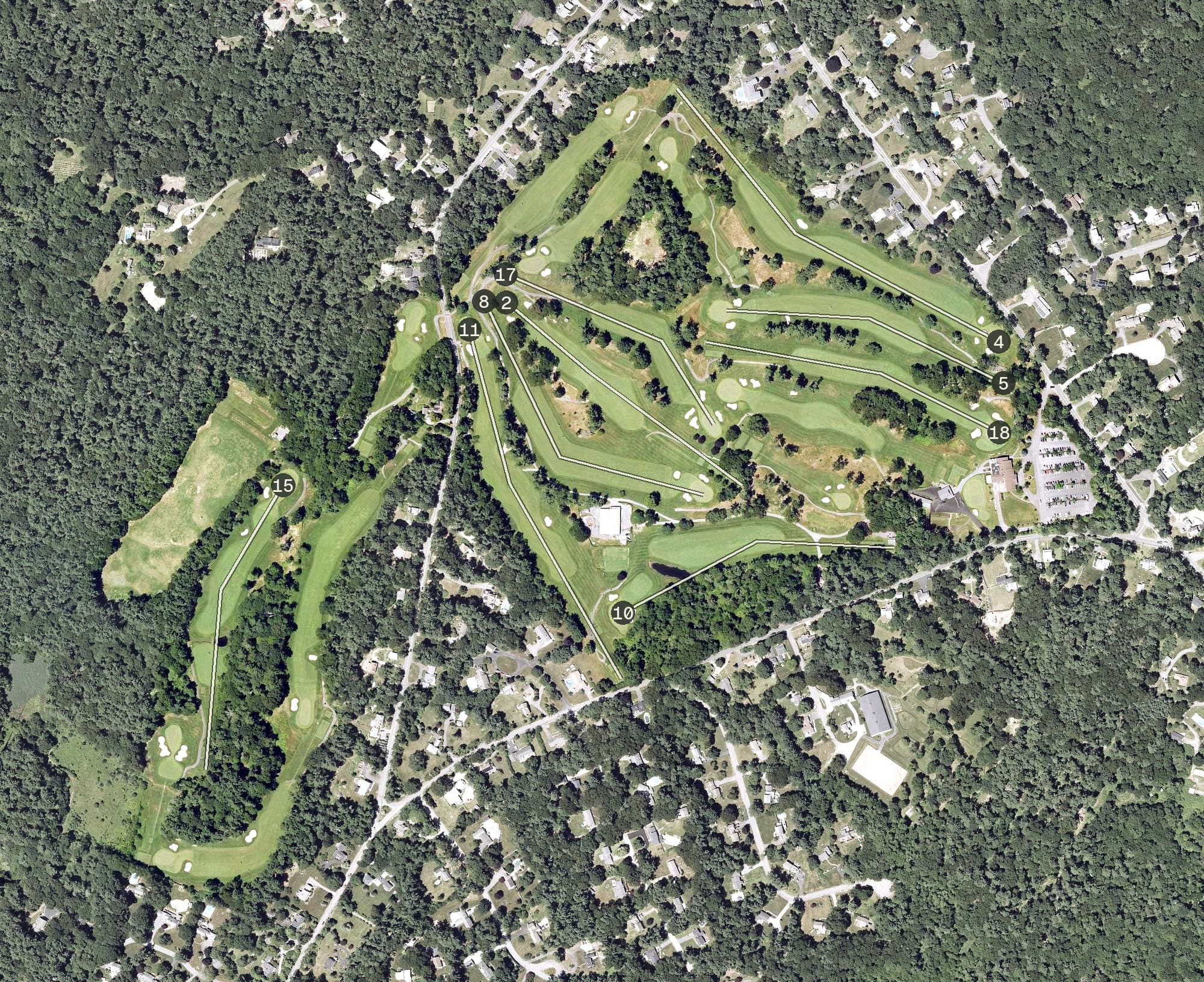 Aerial view of Marshfield Country Club, MA, with its hole routing marked