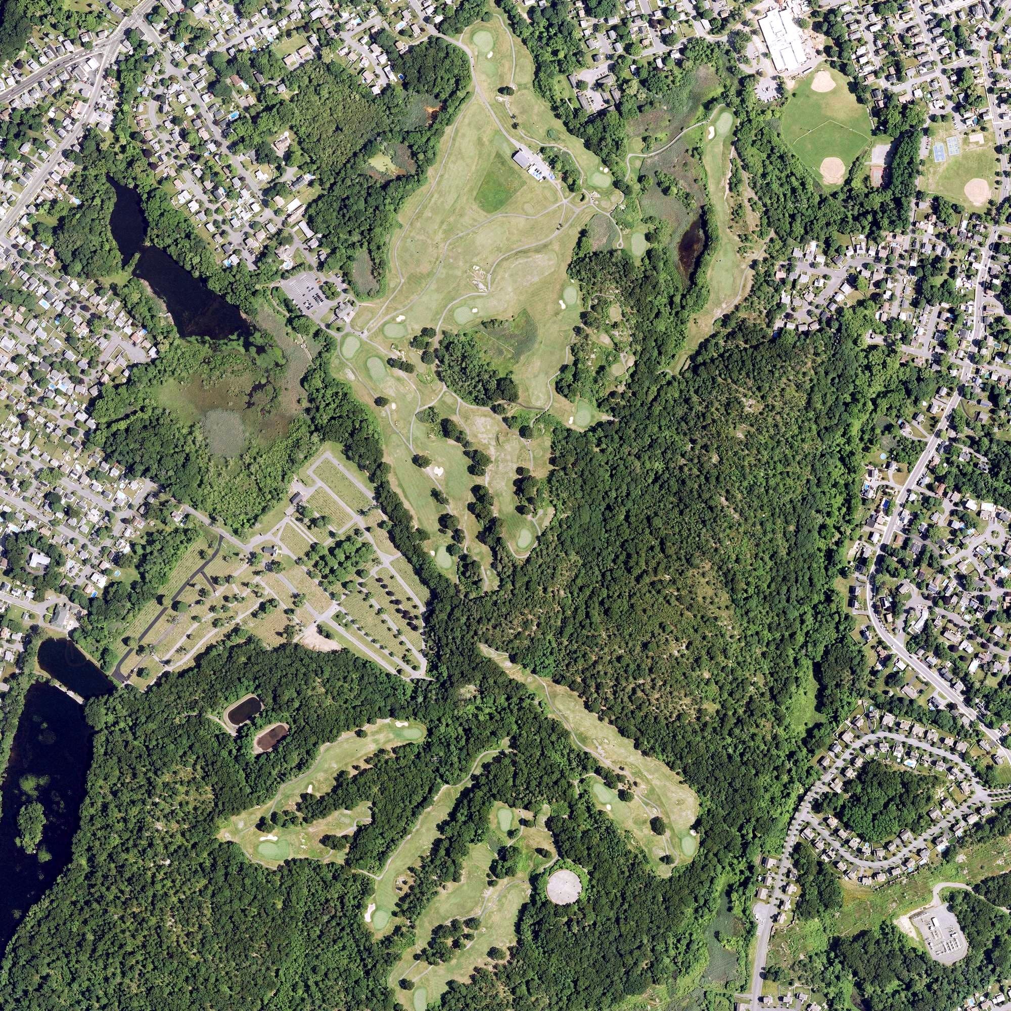 Aerial view of Meadow at Peabody Golf Course, MA, with its hole routing marked