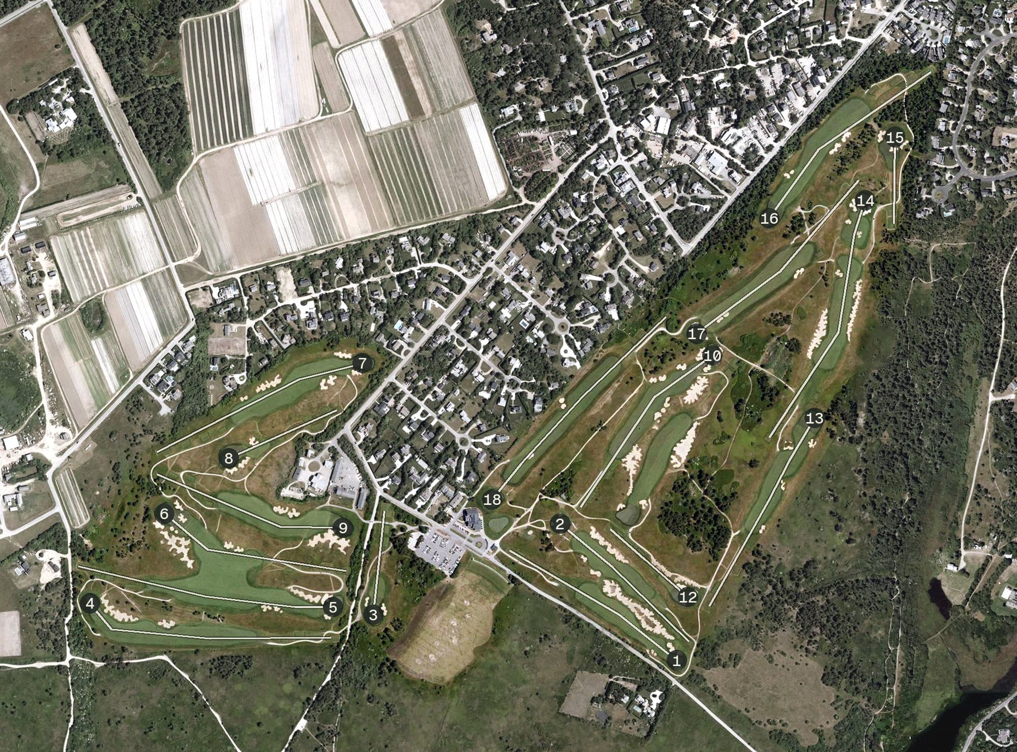Aerial view of Miacomet Golf Club, MA, with its hole routing marked