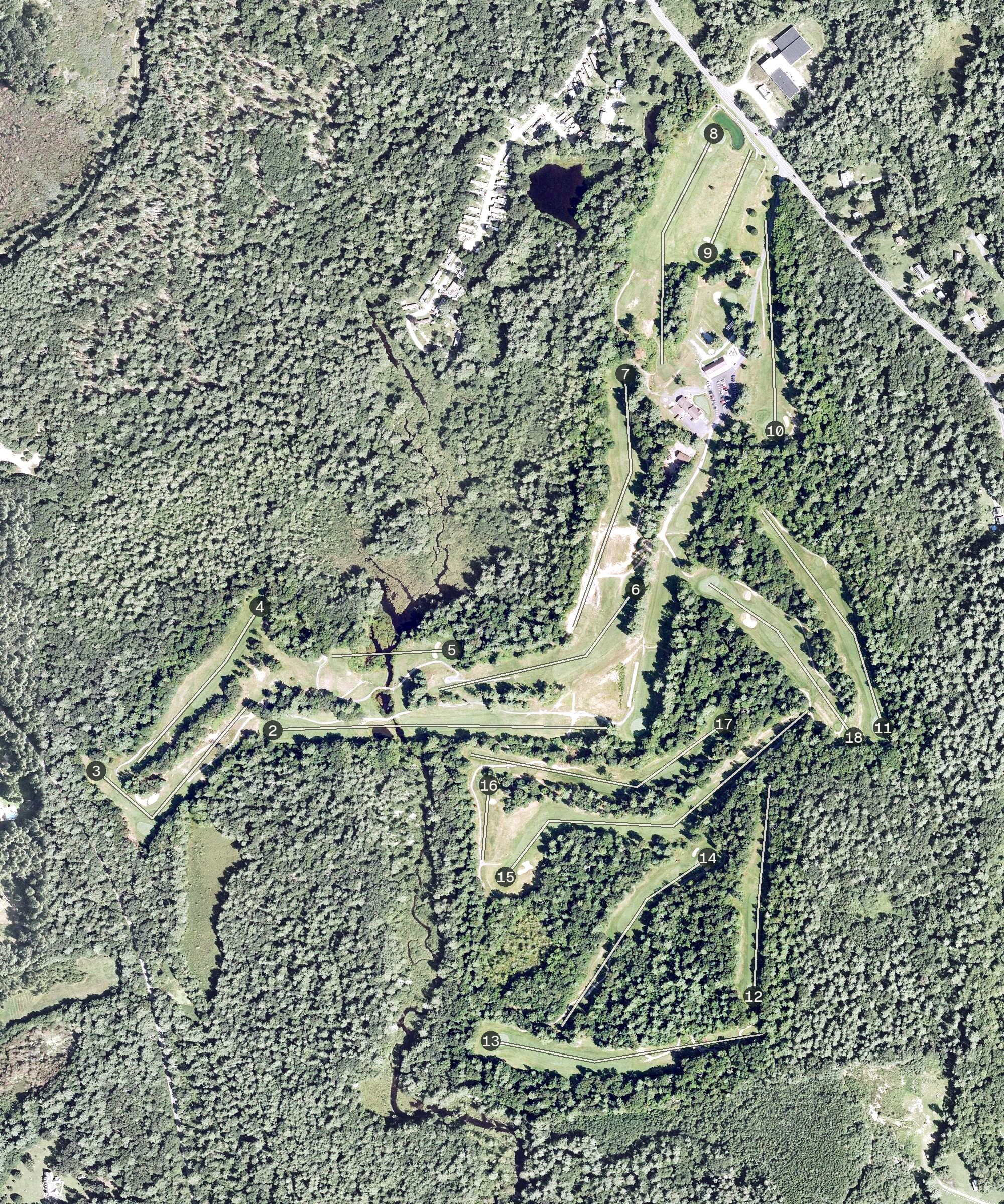 Aerial view of Mill Valley Golf Links, MA, with its hole routing marked