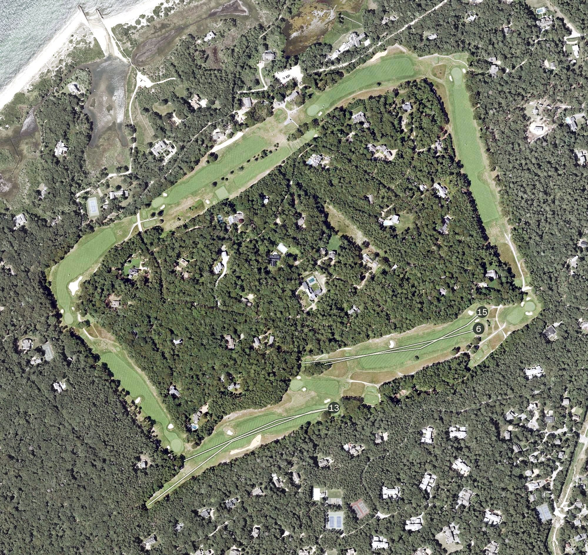 Aerial view of Mink Meadows Golf Club, MA, with its hole routing marked