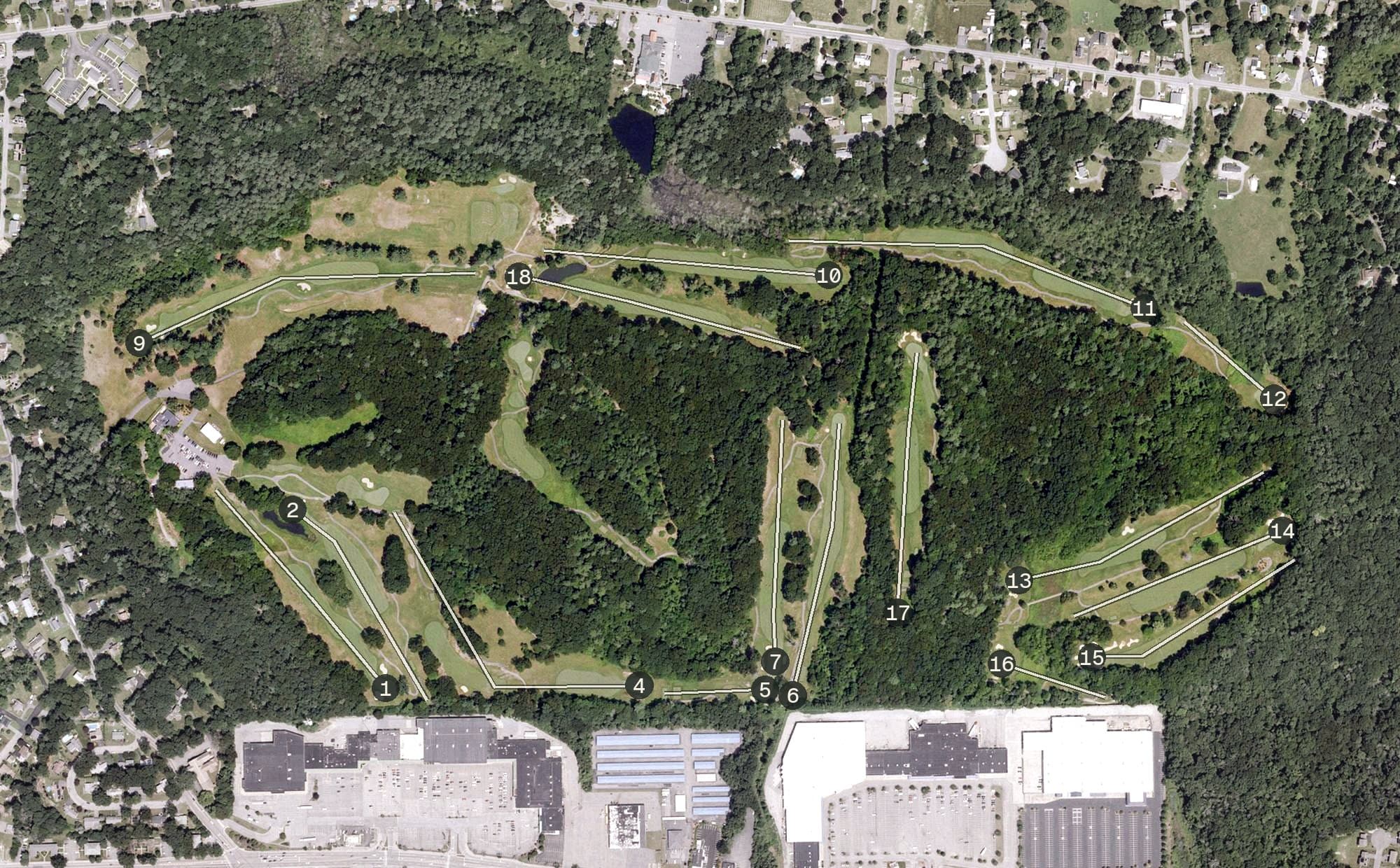 Aerial view of New England Country Club, MA, with its hole routing marked