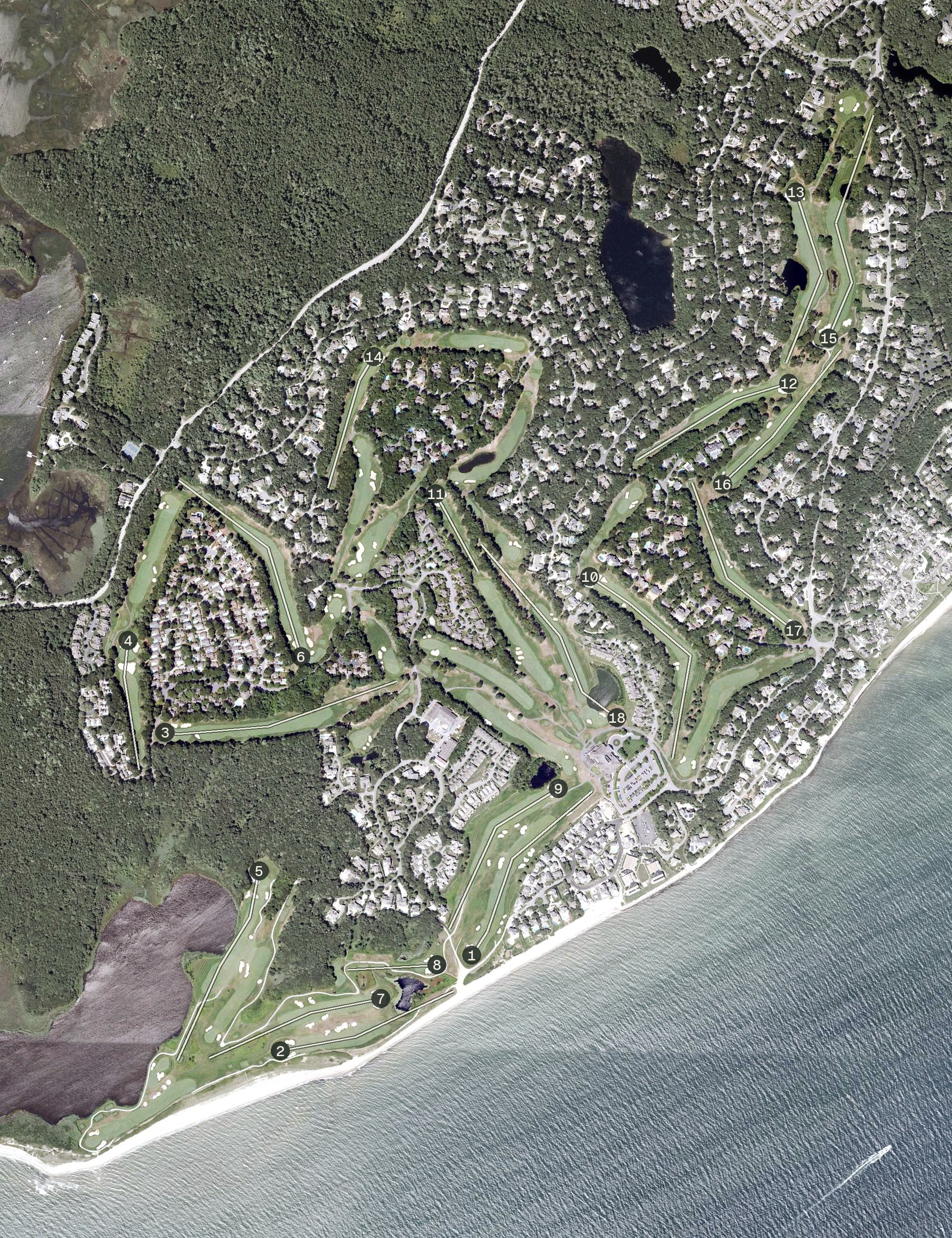 Aerial view of New Seabury Country Club, MA, with its hole routing marked