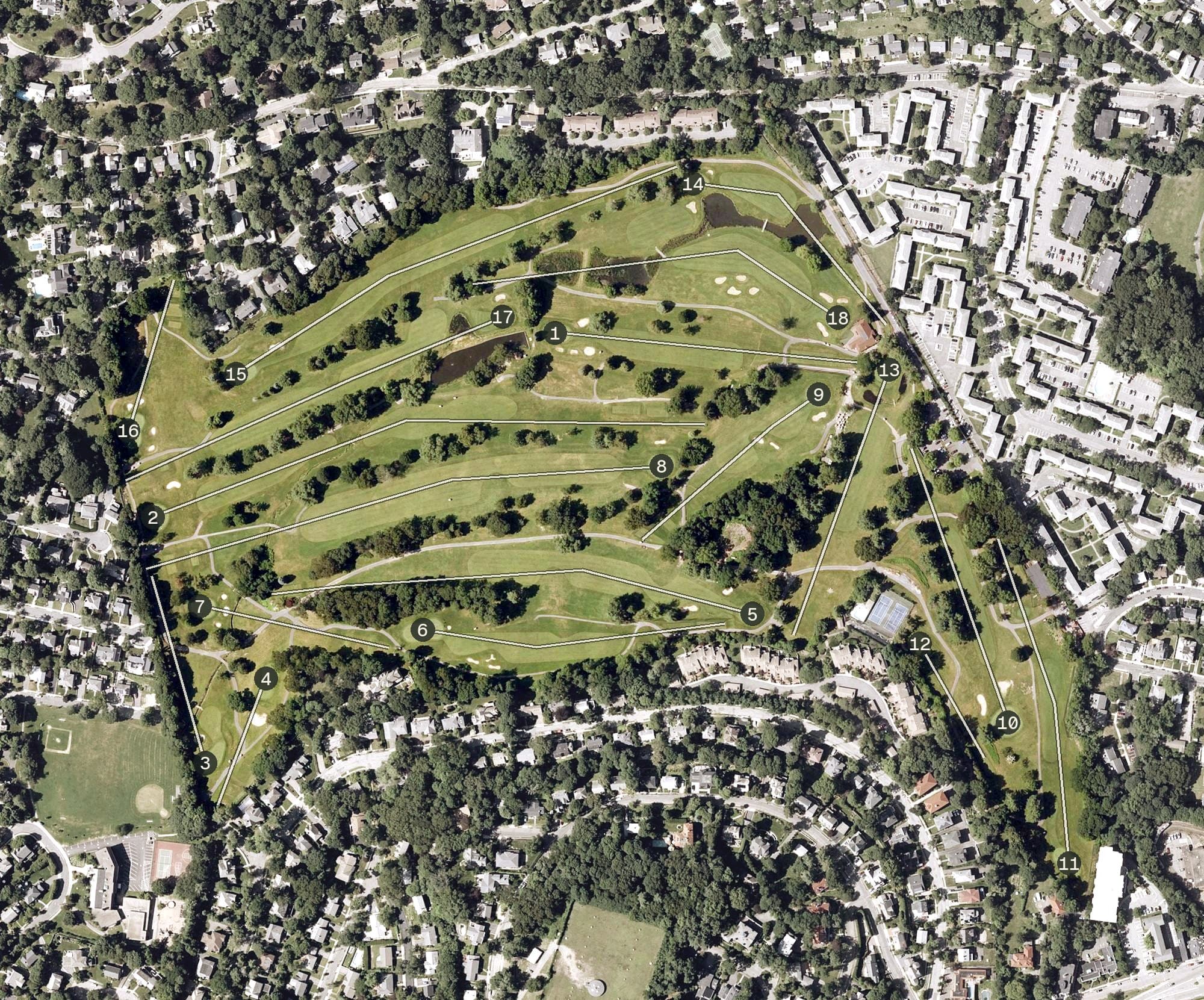 Aerial view of Newton Commonwealth Golf Course, MA, with its hole routing marked