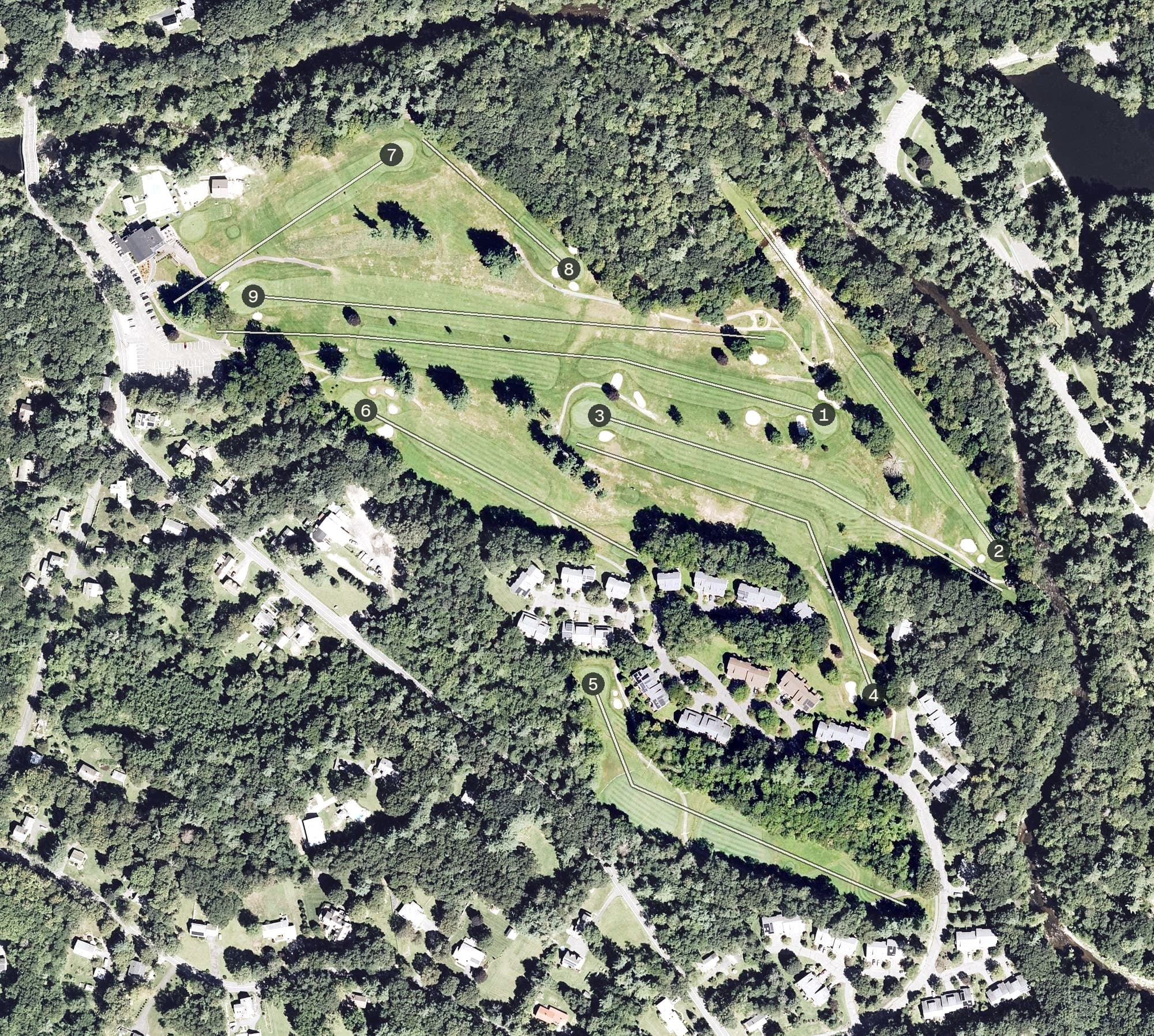 Aerial view of Northampton Country Club, MA, with its hole routing marked