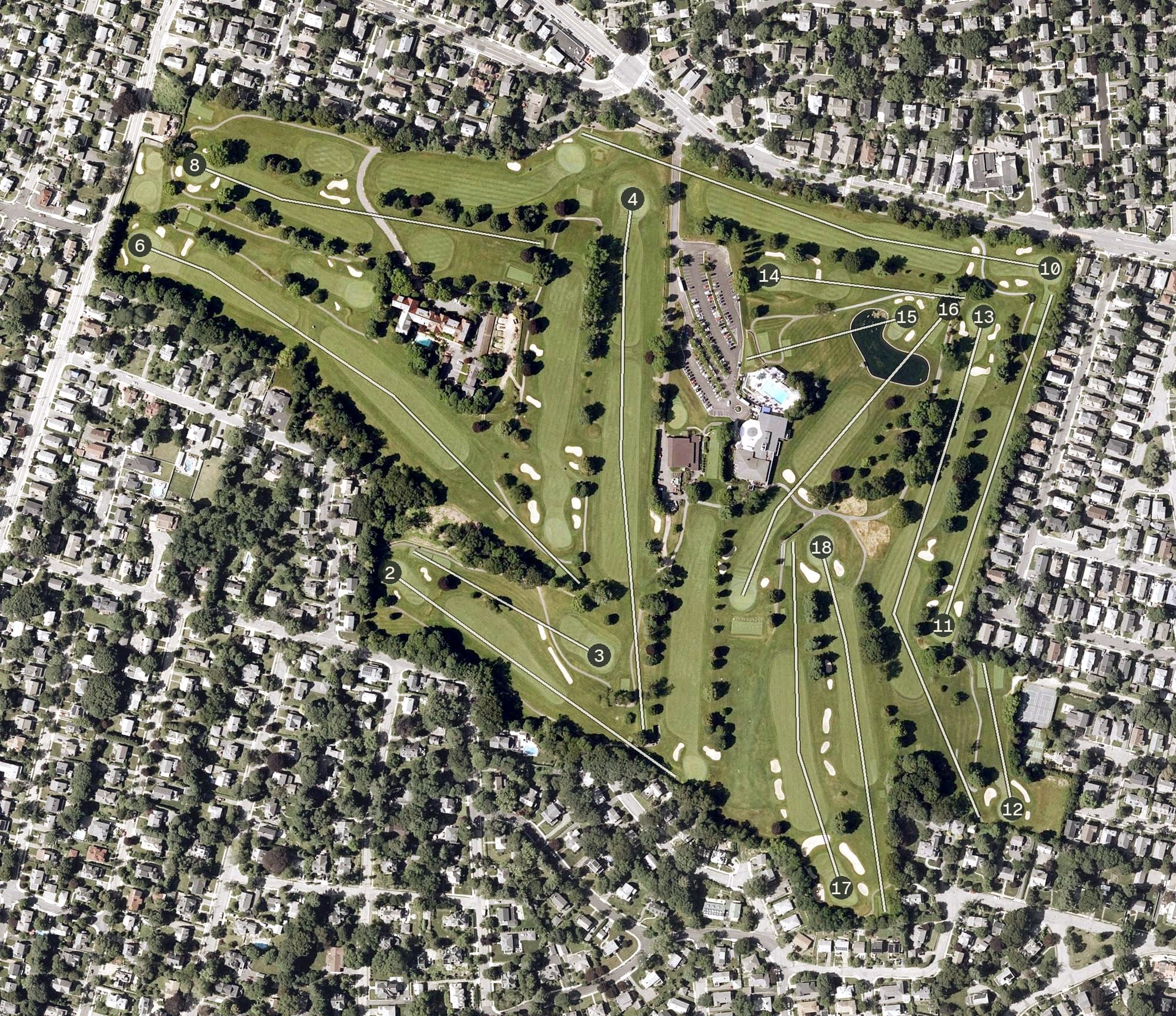 Aerial view of Oakley Country Club, MA, with its hole routing marked