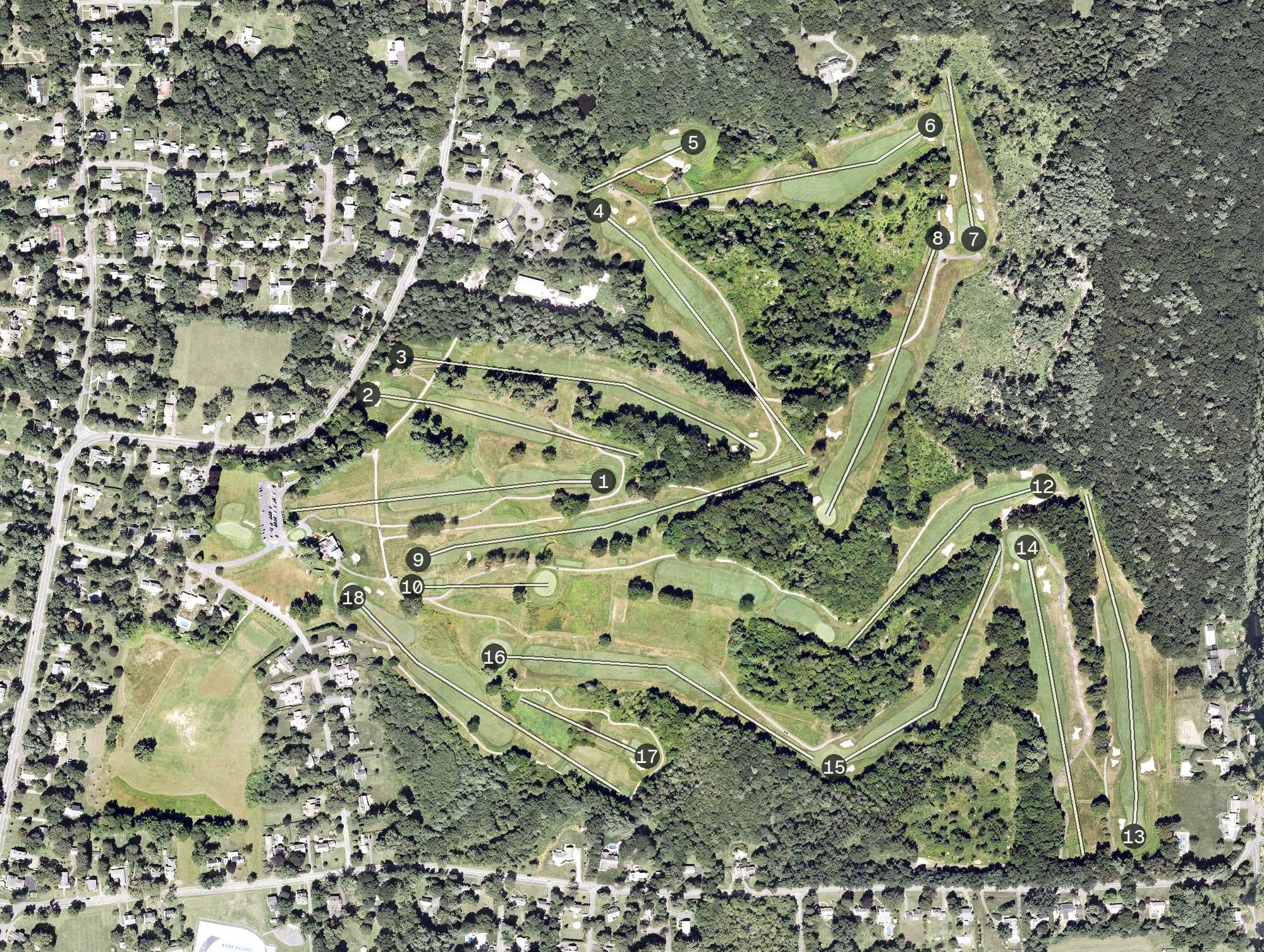 Aerial view of Orchards Golf Club, MA, with its hole routing marked