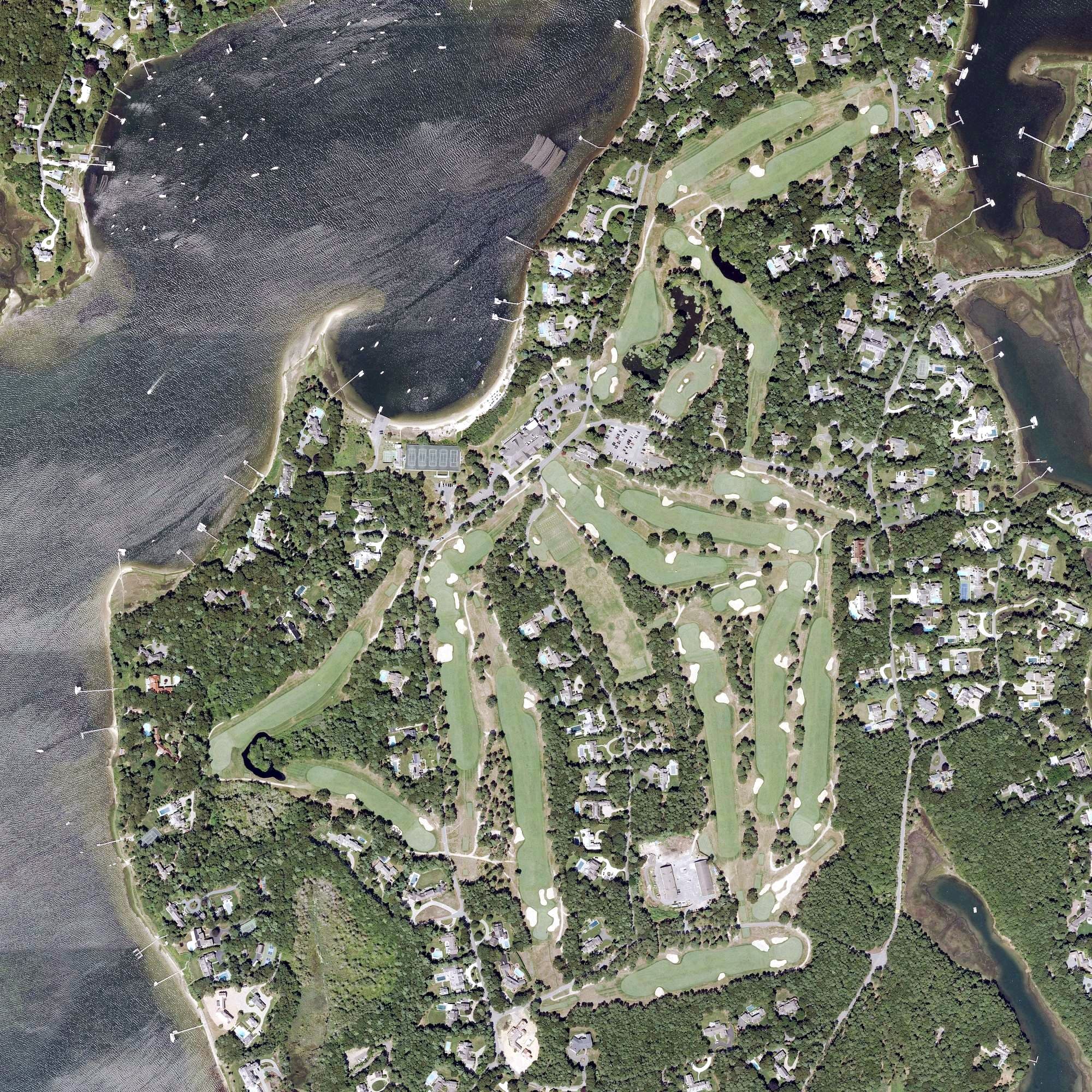Aerial view of Oyster Harbors Club, MA, with its hole routing marked