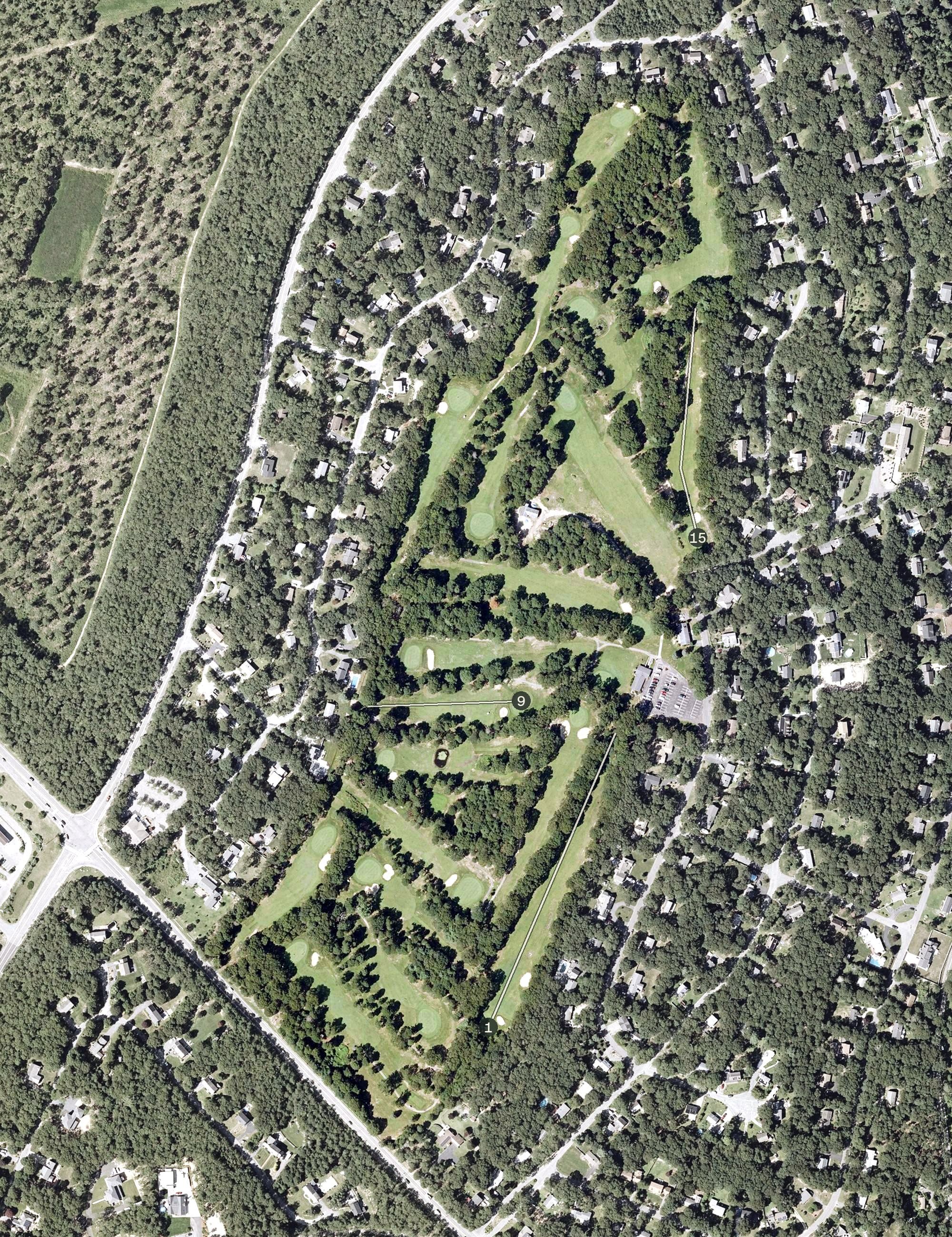 Aerial view of Paul Harney Golf Club, MA, with its hole routing marked