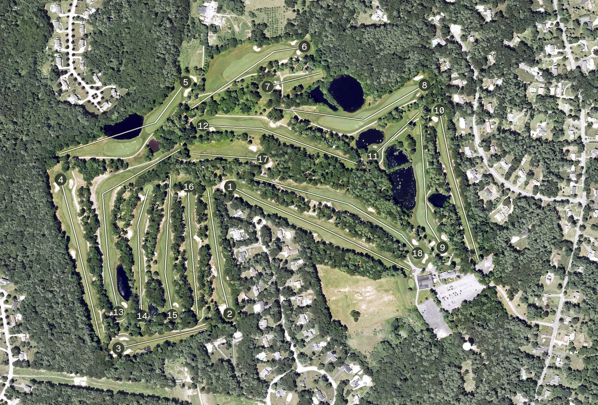 Aerial view of Pembroke Country Club, MA, with its hole routing marked