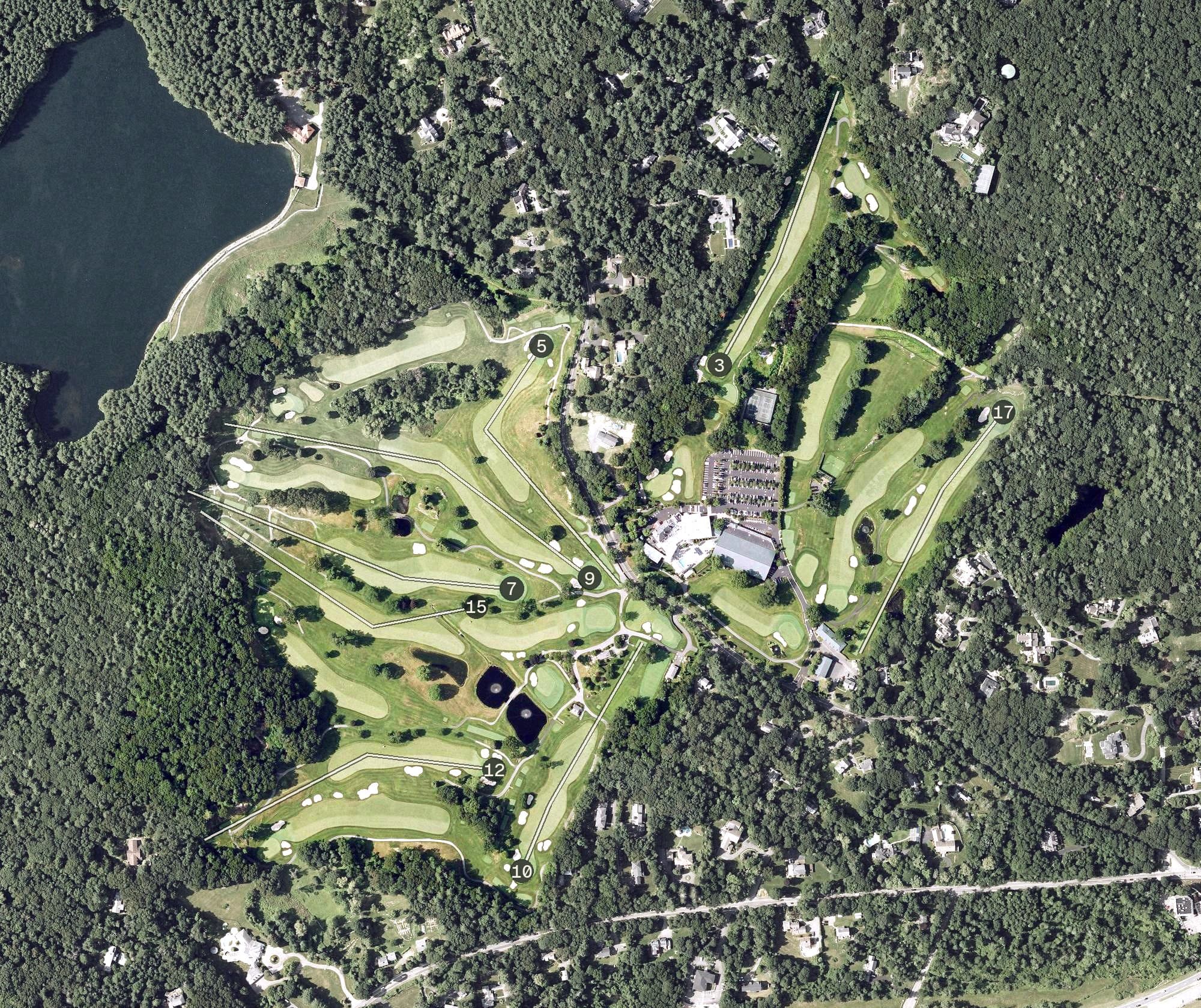 Aerial view of Pine Brook Country Club, MA, with its hole routing marked