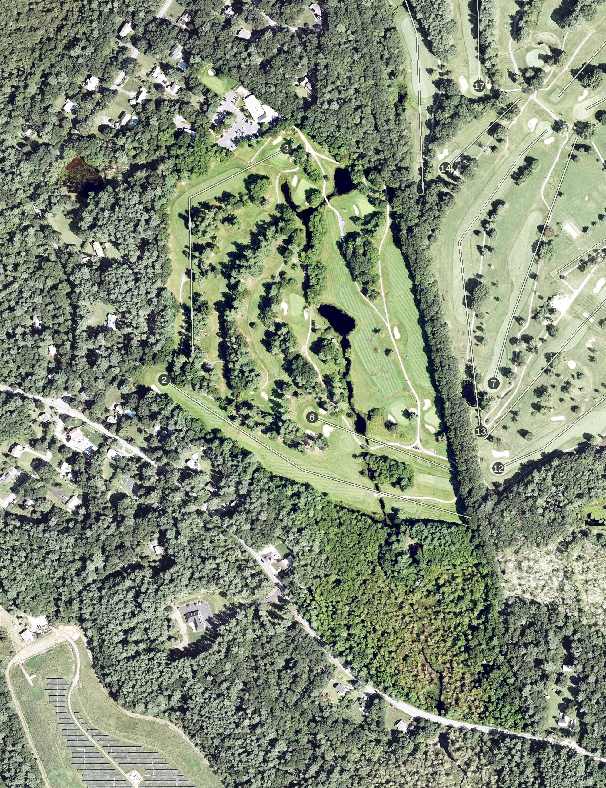 Aerial view of Pine Oaks Golf Course, MA, with its hole routing marked