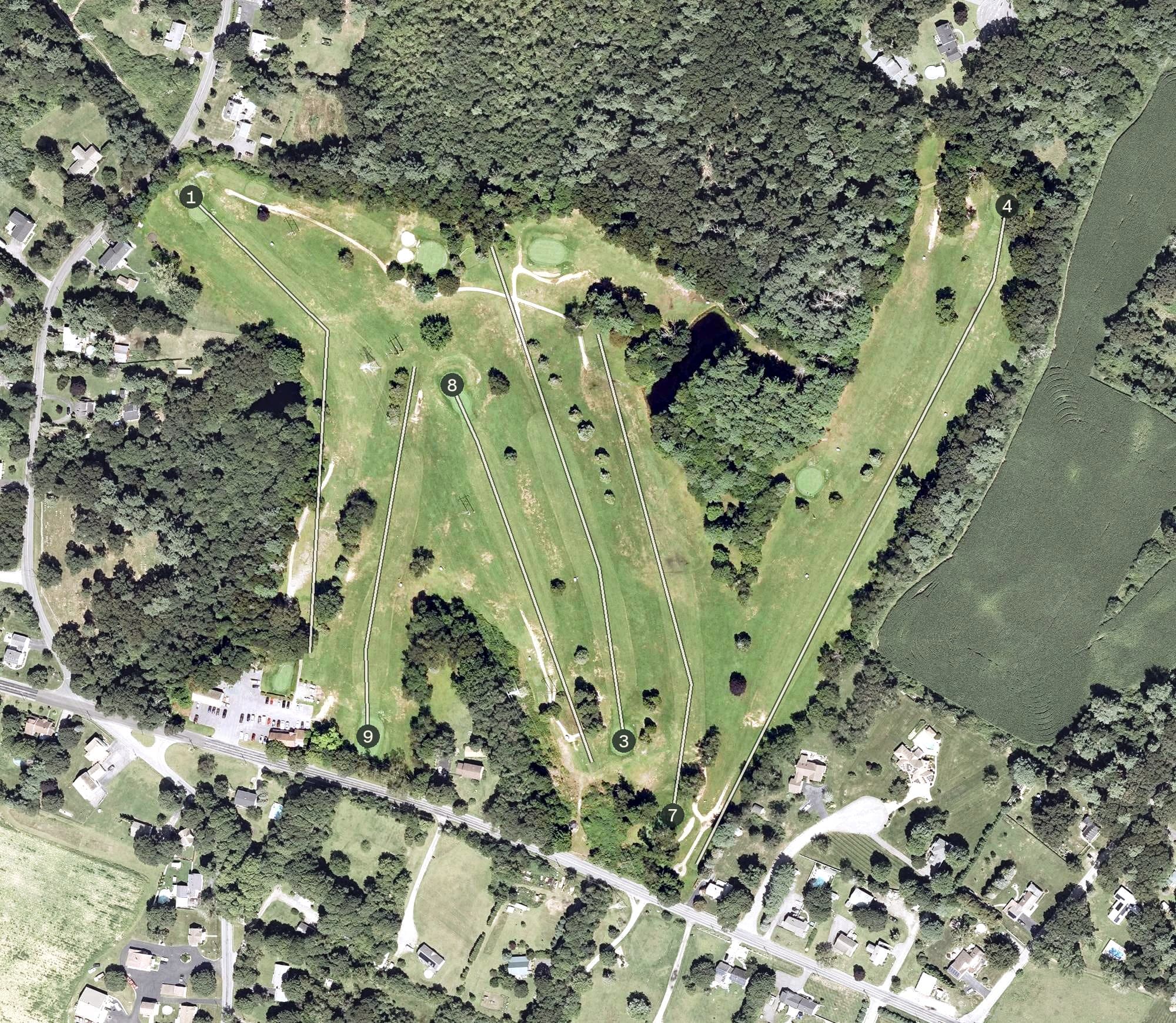 Aerial view of Pine Valley Country Club, MA, with its hole routing marked