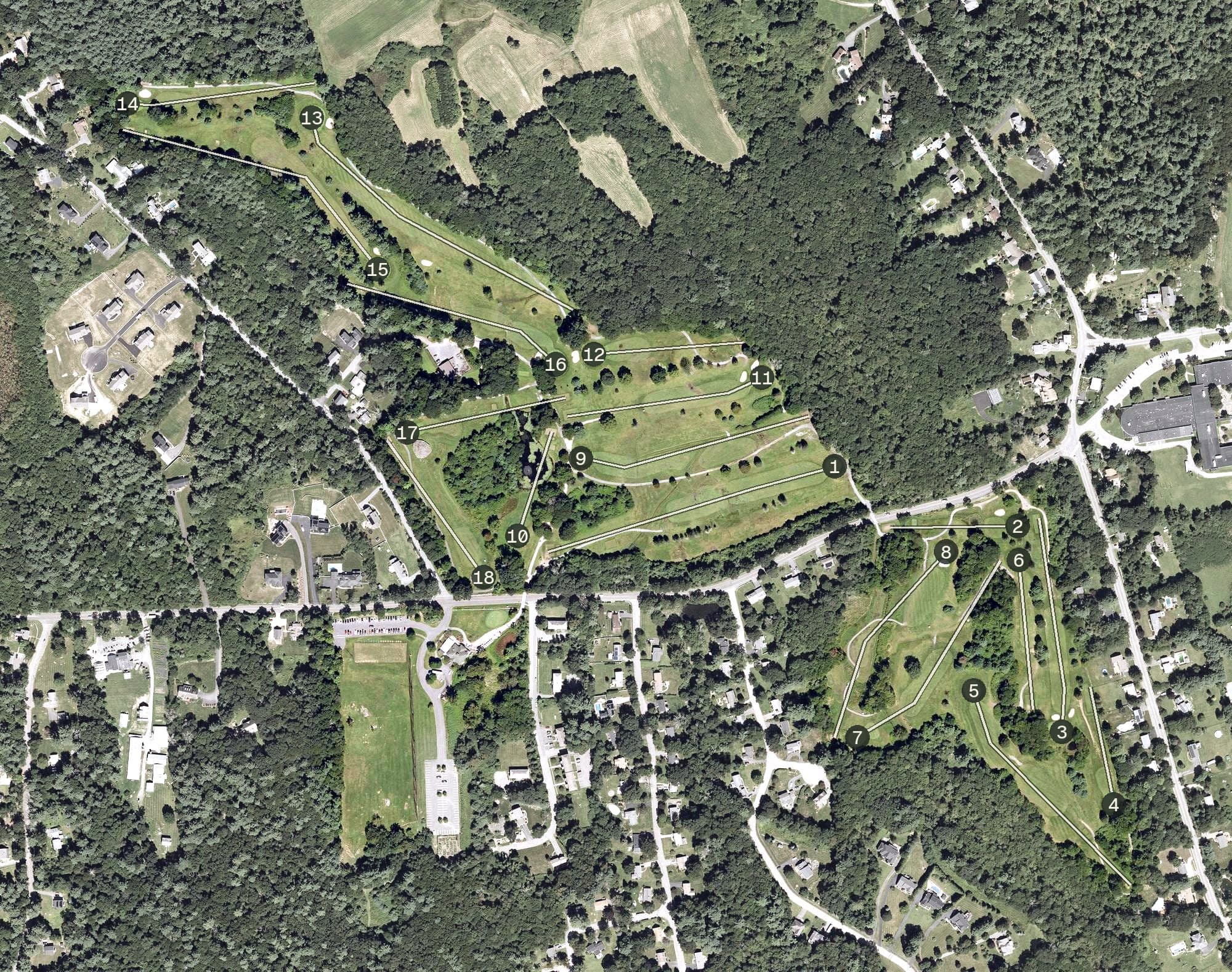 Aerial view of Pinecrest Golf Club, MA, with its hole routing marked